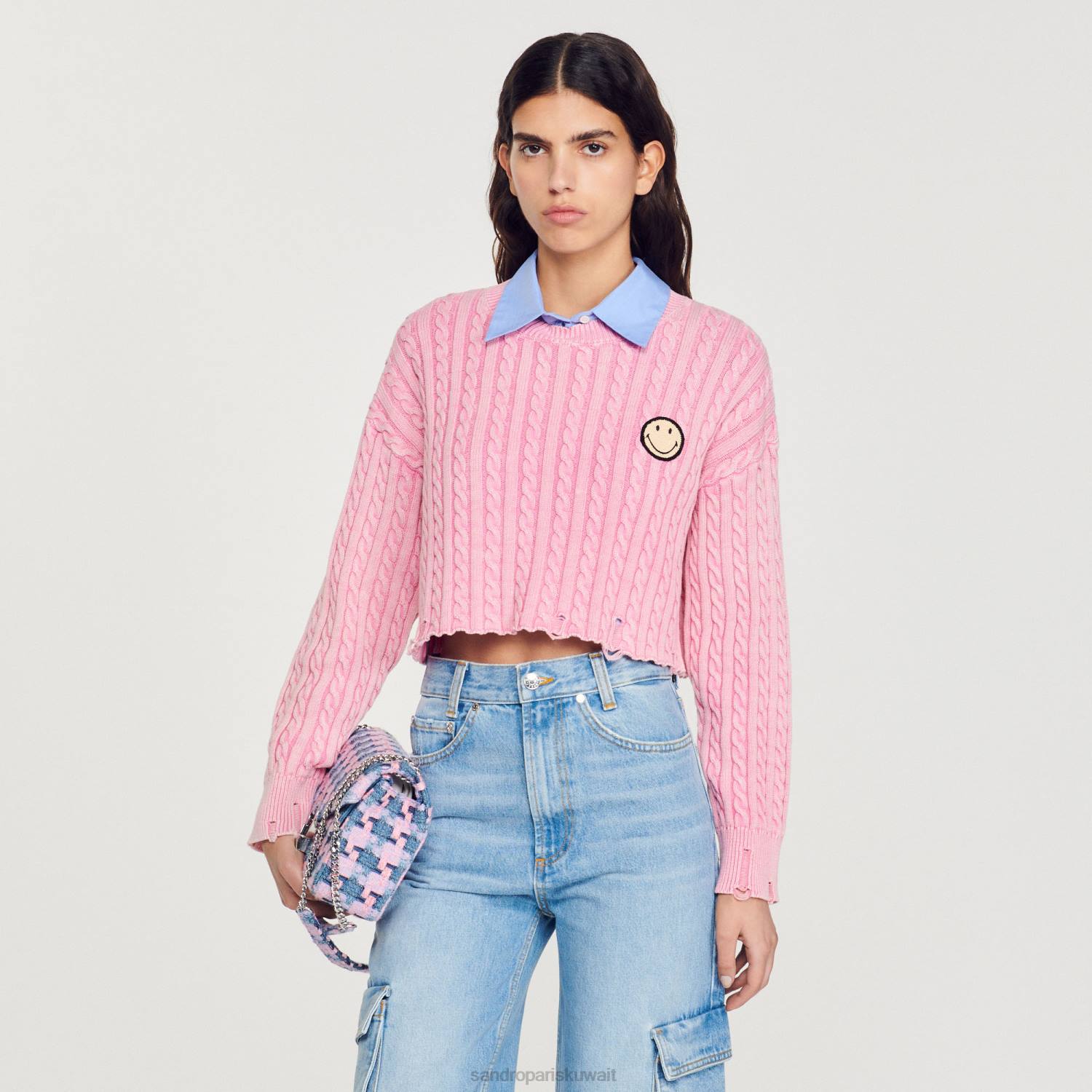 ثياب Sandro Paris سترة مبتسمة اقتصاص لون القرنفل نحيف ZJ00389