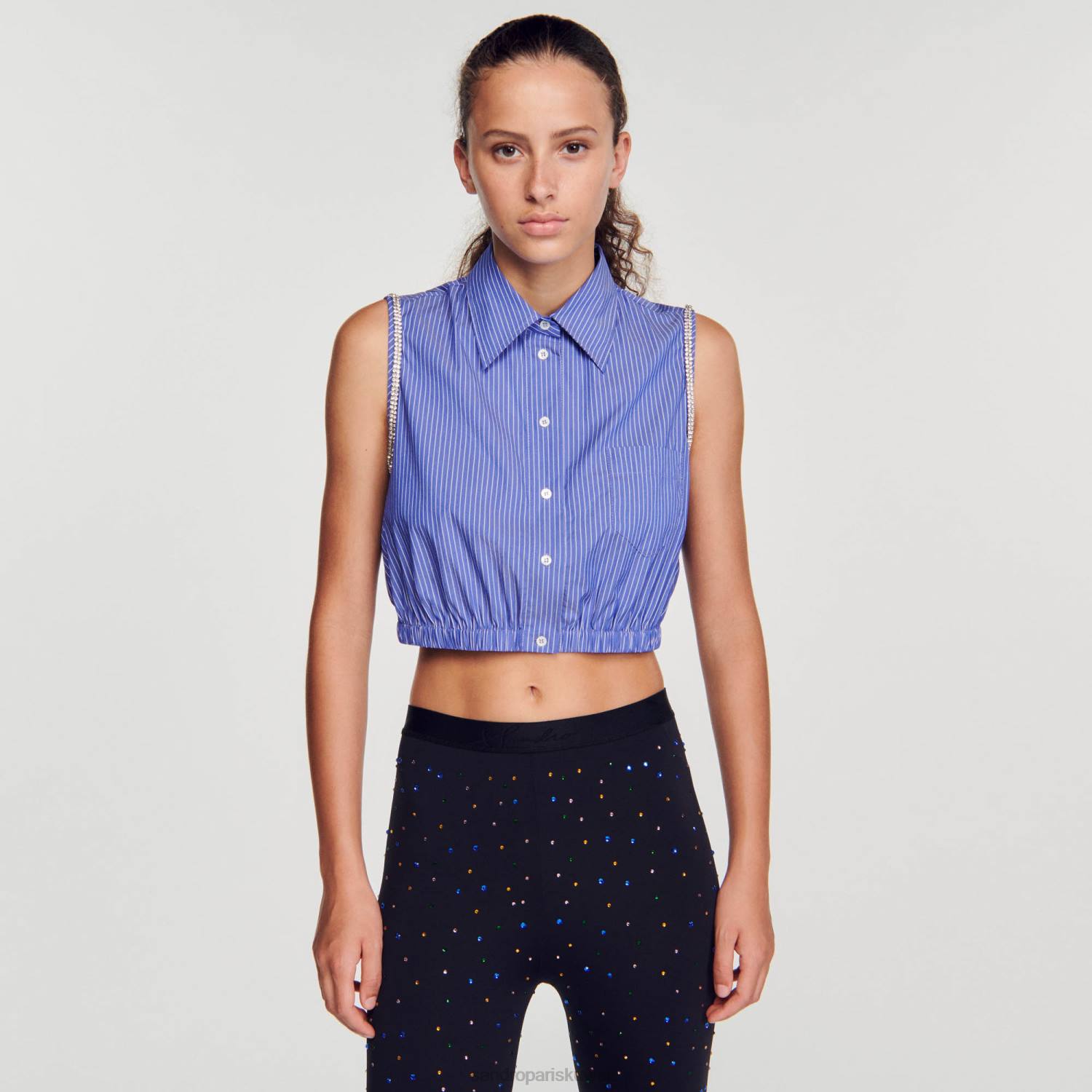 ثياب Sandro Paris قميص مخطط قصير أزرق/أبيض نحيف ZJ0038