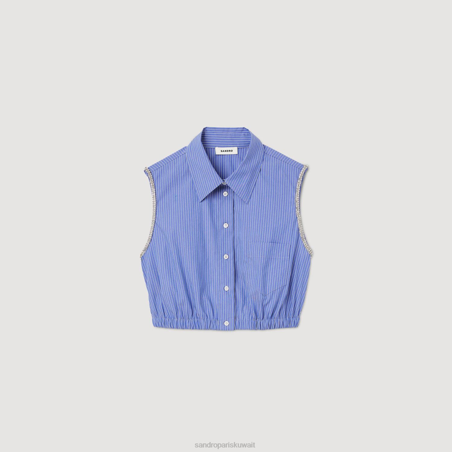 ثياب Sandro Paris قميص مخطط قصير أزرق/أبيض نحيف ZJ0038