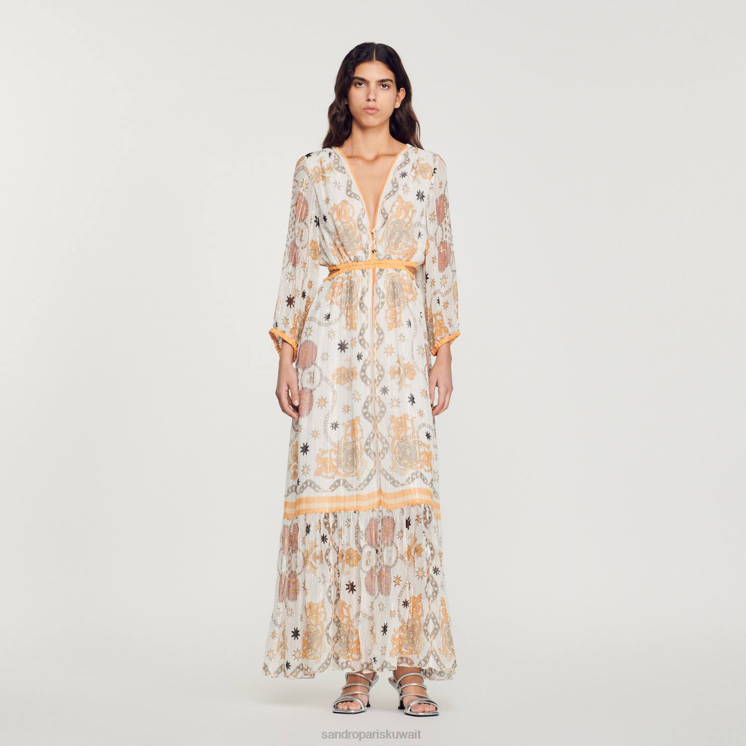 ثياب Sandro Paris فستان زهري طويل بيج فاتح نحيف ZJ00392