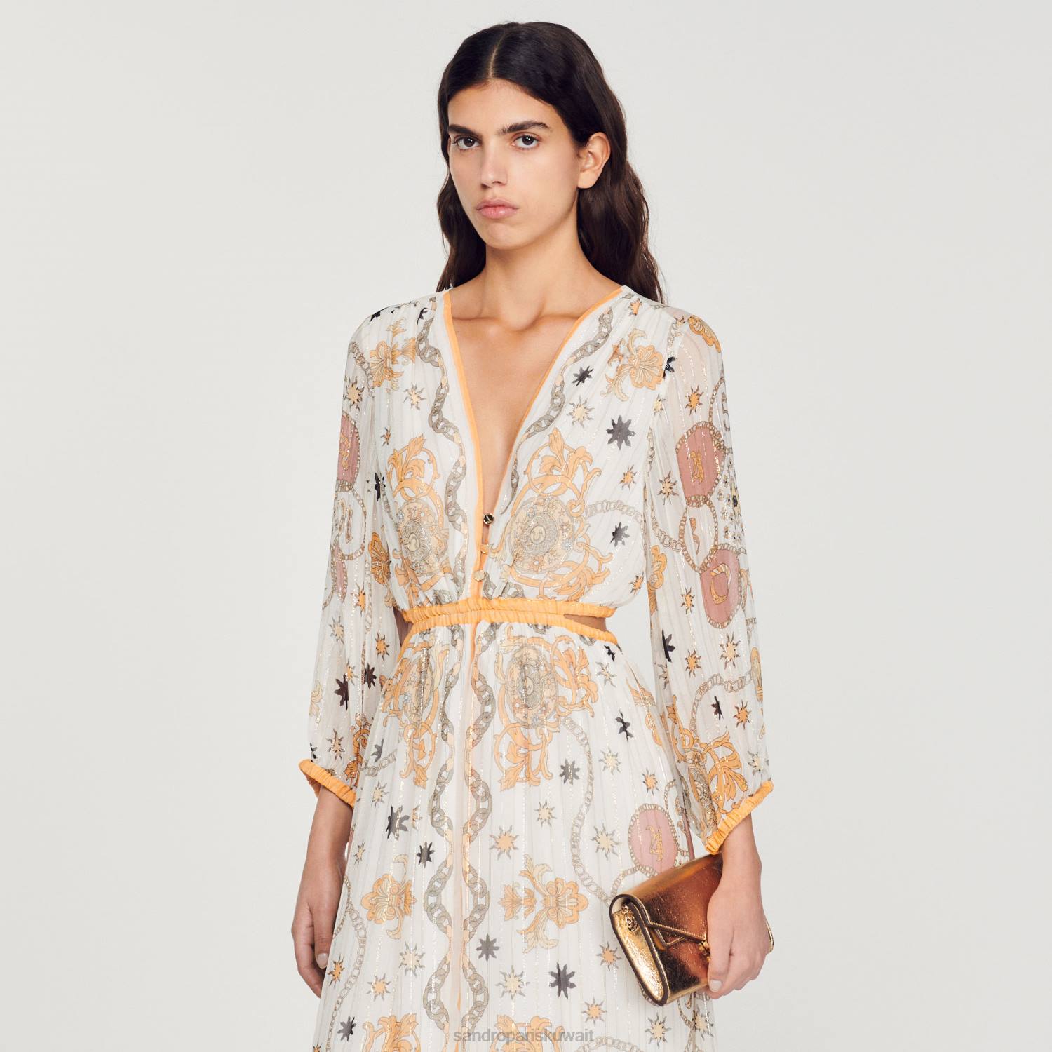 ثياب Sandro Paris فستان زهري طويل بيج فاتح نحيف ZJ00392