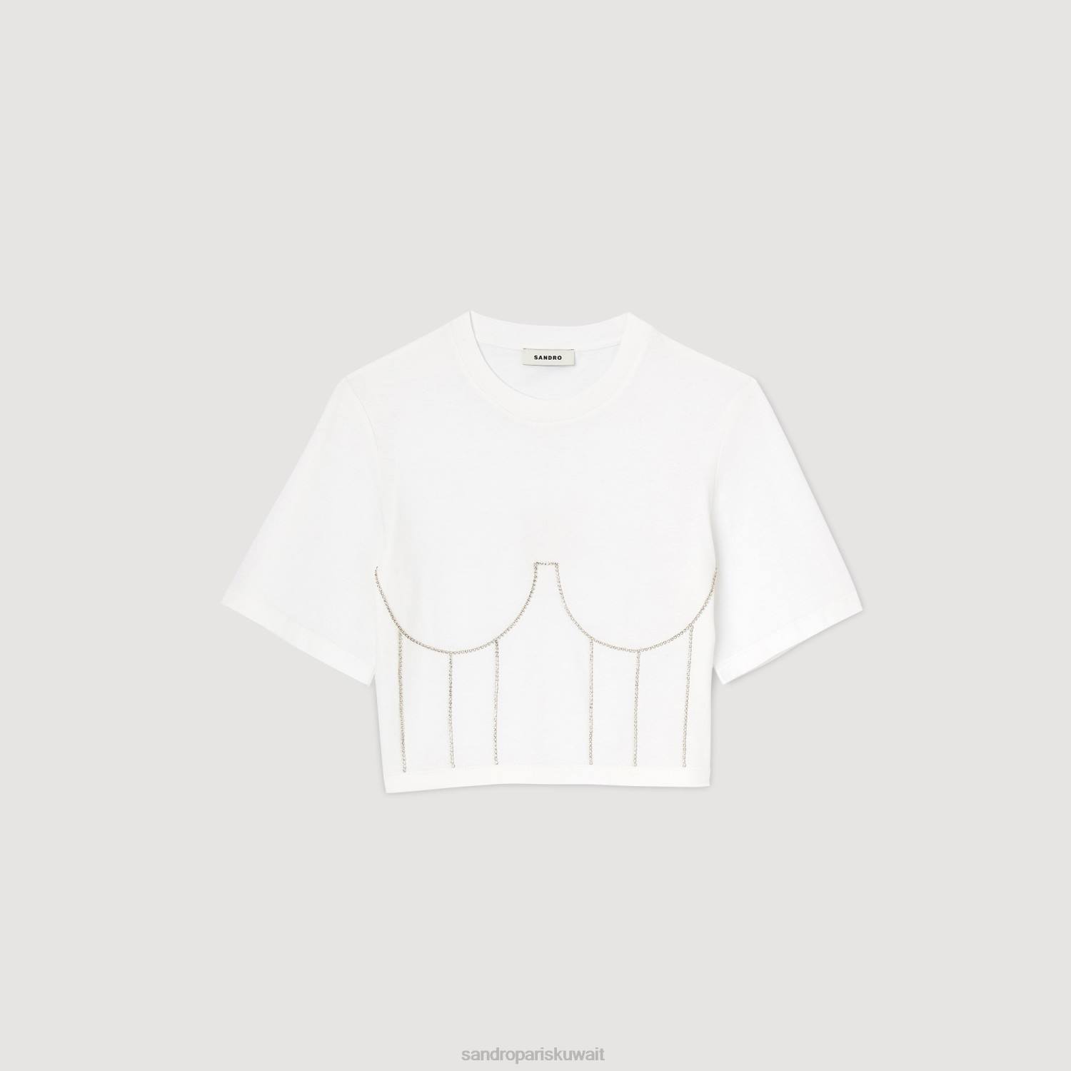 ثياب Sandro Paris تي شيرت بتصميم تمثال نصفي من حجر الراين أبيض نحيف ZJ0039