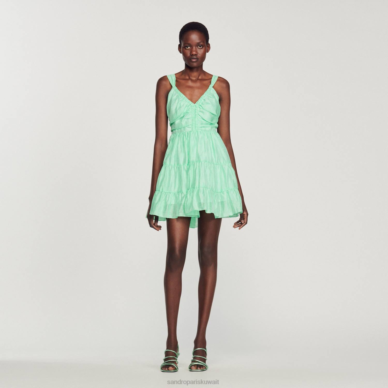 ثياب Sandro Paris فستان قصير كشكش أخضر نحيف ZJ00401