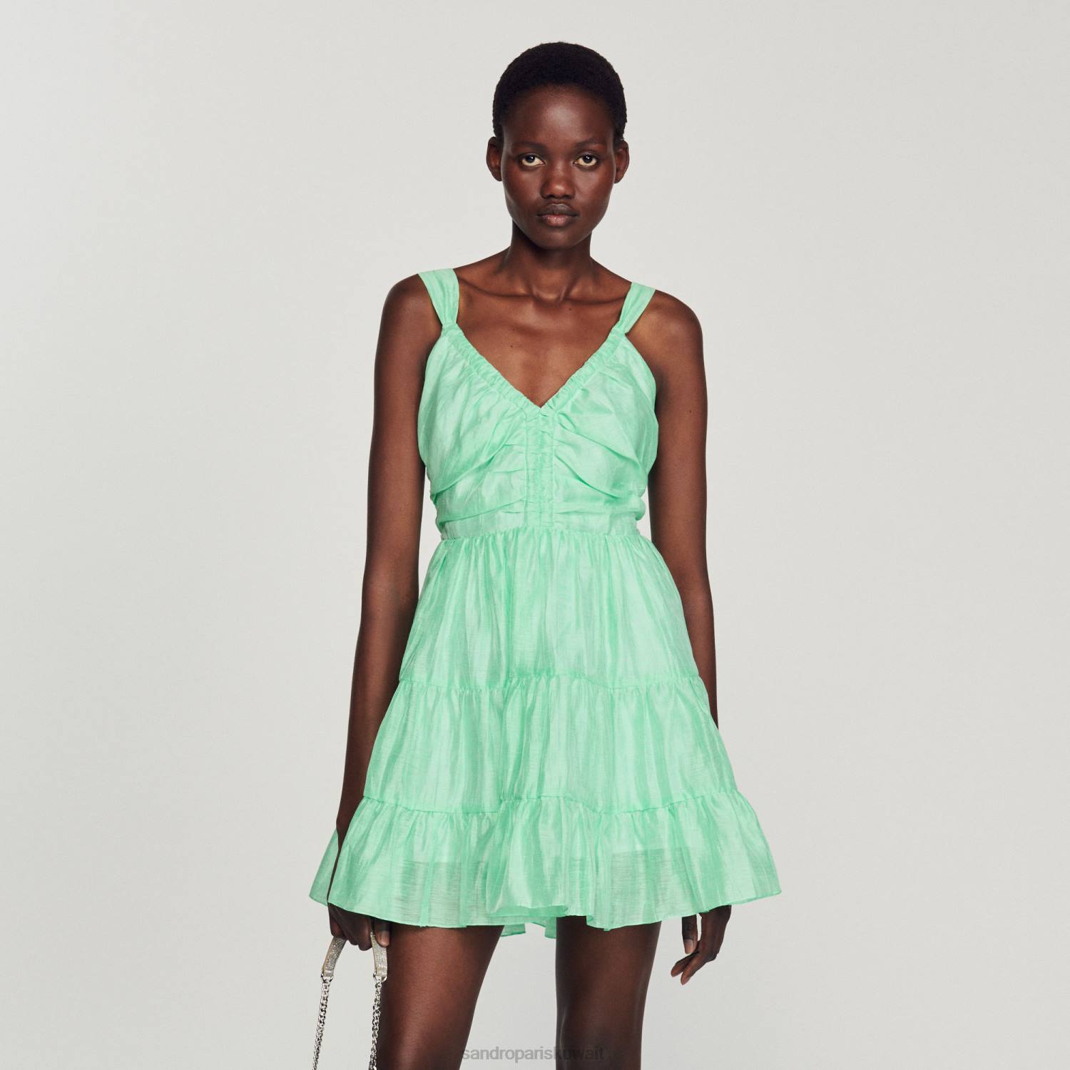 ثياب Sandro Paris فستان قصير كشكش أخضر نحيف ZJ00401