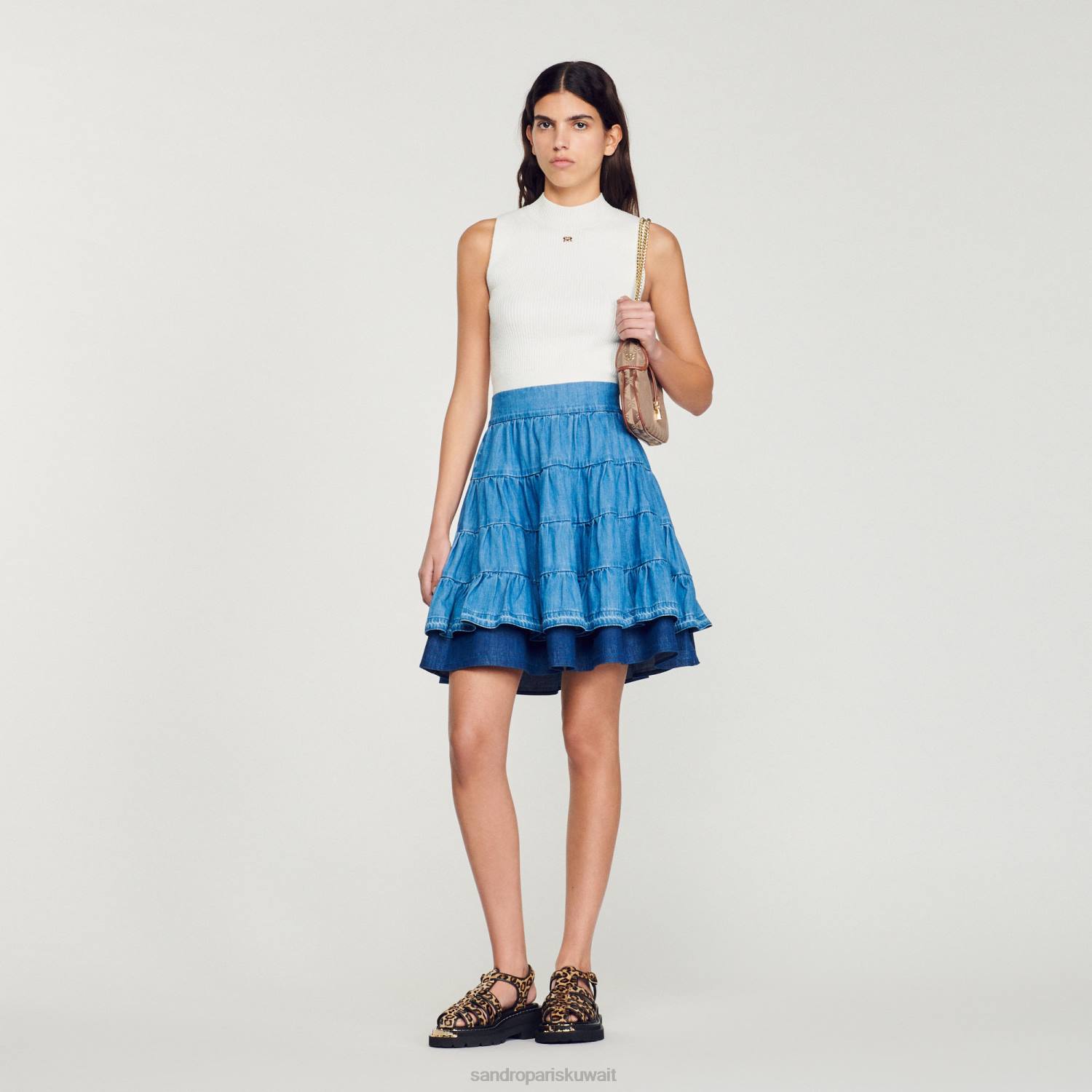 ثياب Sandro Paris تنورة قصيرة من الدنيم جينز أزرق نحيف ZJ00403