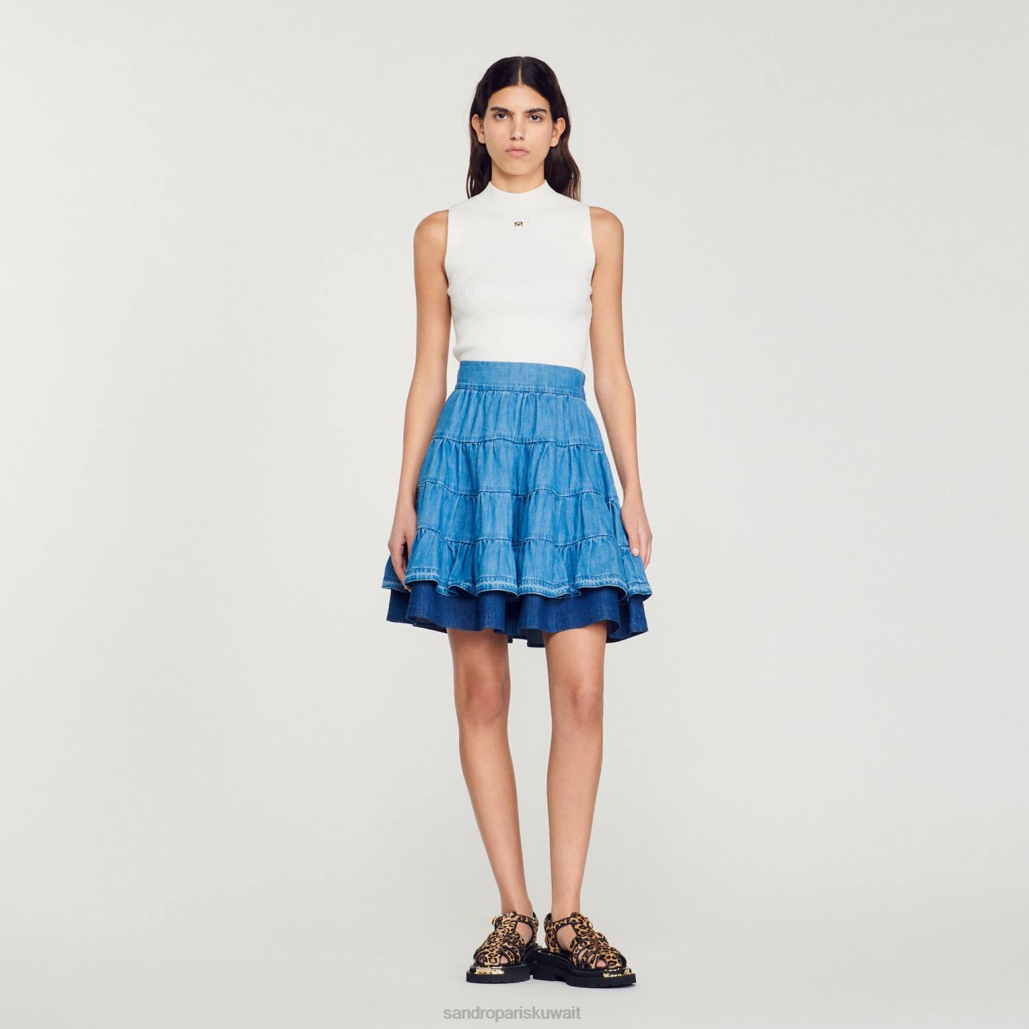 ثياب Sandro Paris تنورة قصيرة من الدنيم جينز أزرق نحيف ZJ00403