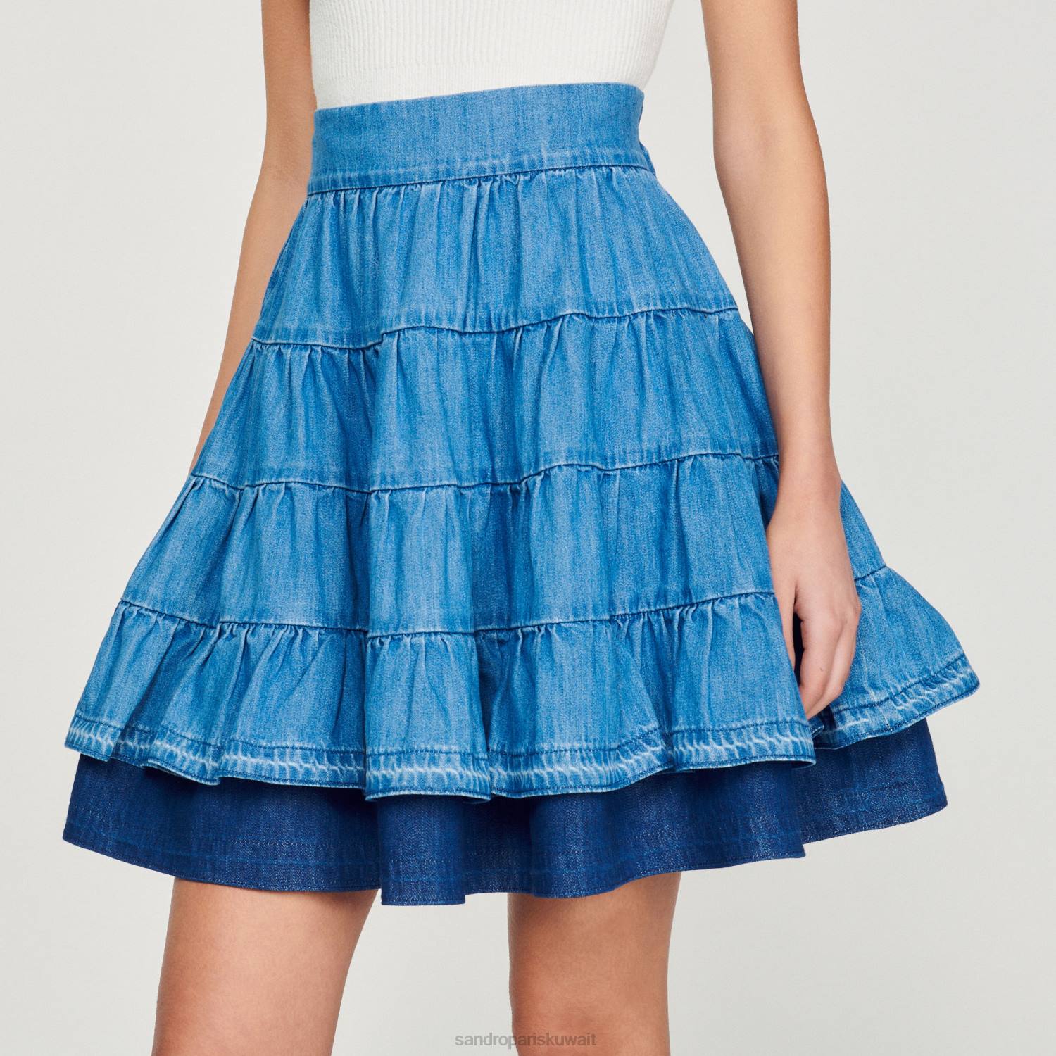 ثياب Sandro Paris تنورة قصيرة من الدنيم جينز أزرق نحيف ZJ00403