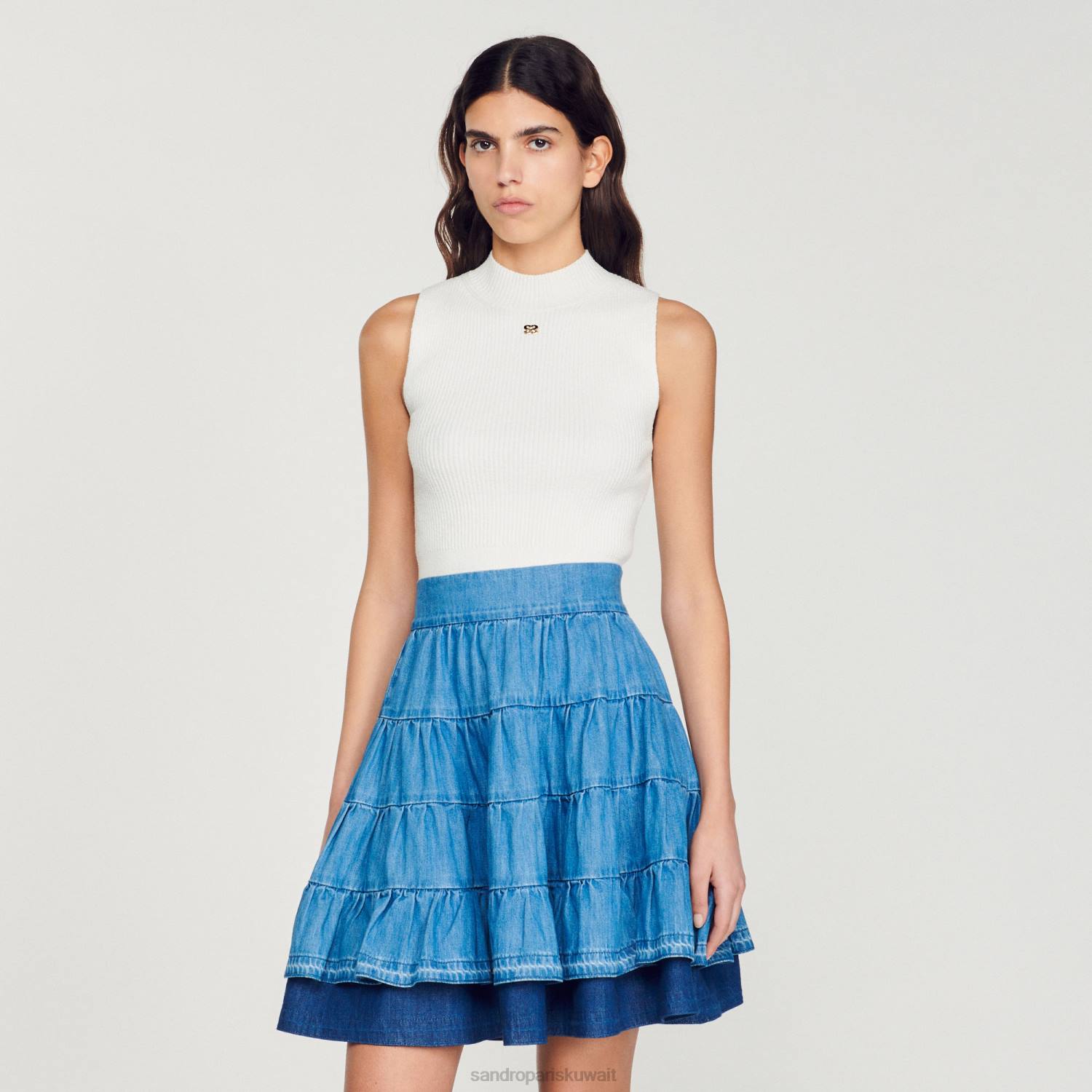 ثياب Sandro Paris تنورة قصيرة من الدنيم جينز أزرق نحيف ZJ00403