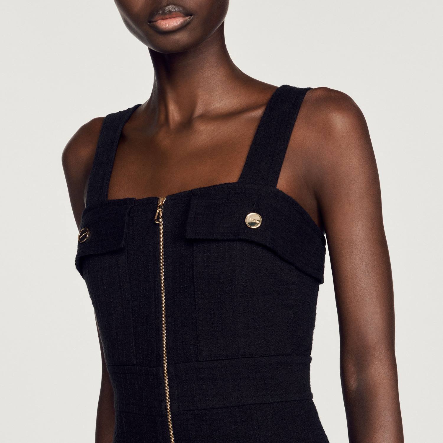 ثياب Sandro Paris فستان تويد قصير أسود نحيف ZJ00405