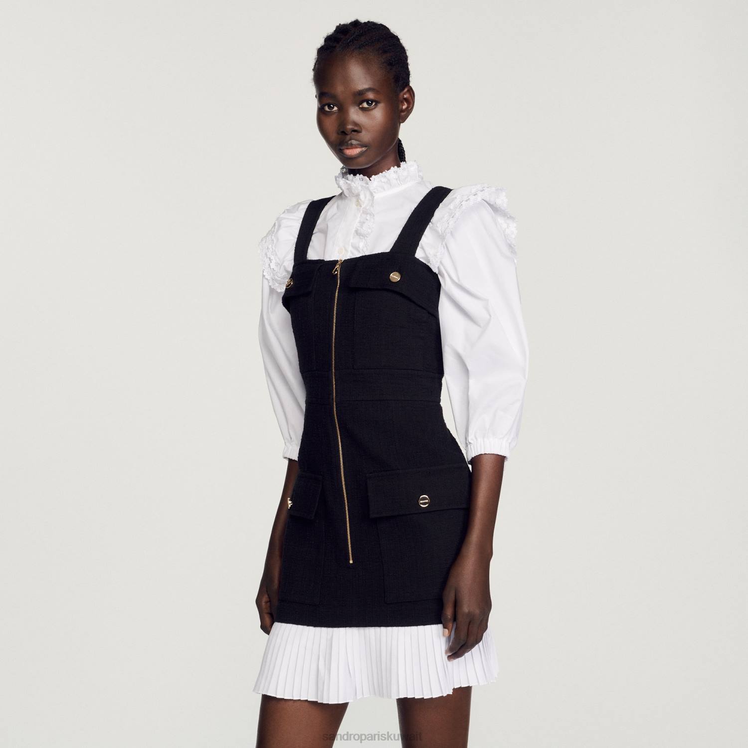 ثياب Sandro Paris فستان تويد قصير أسود نحيف ZJ00405