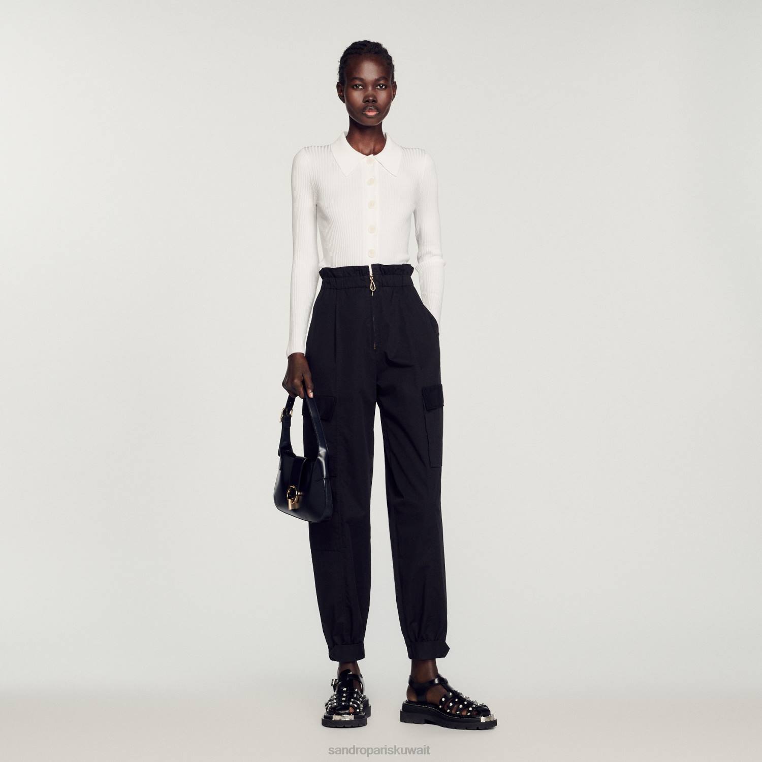 ثياب Sandro Paris سترة مضلعة اقتصاص أبيض نحيف ZJ00407