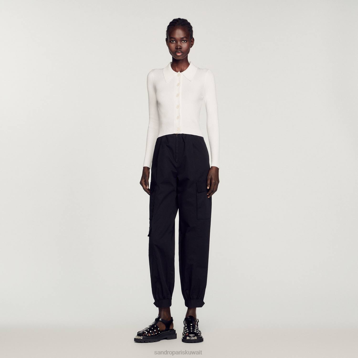 ثياب Sandro Paris سترة مضلعة اقتصاص أبيض نحيف ZJ00407