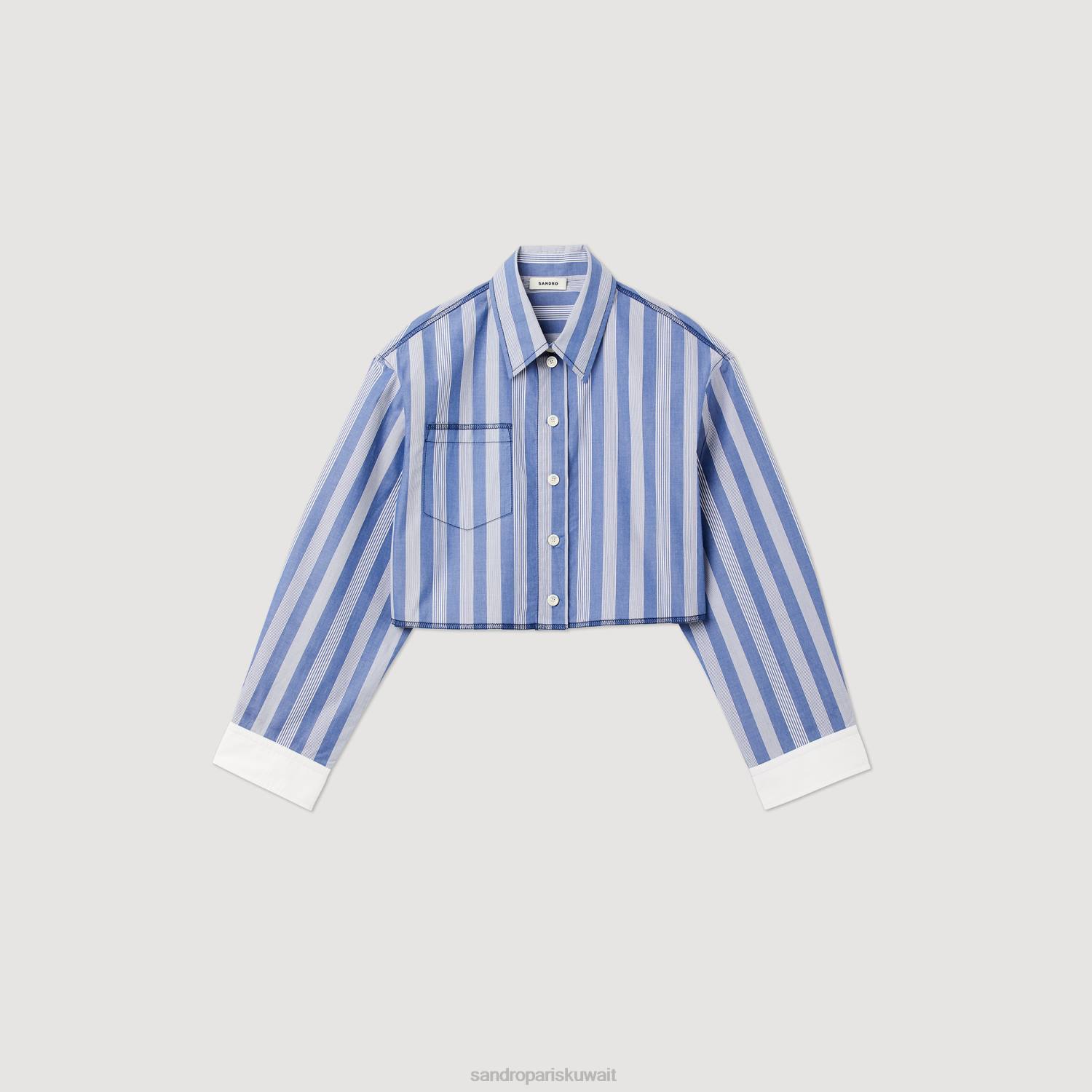 ثياب Sandro Paris قميص مخطط قصير أزرق/أبيض نحيف ZJ00408