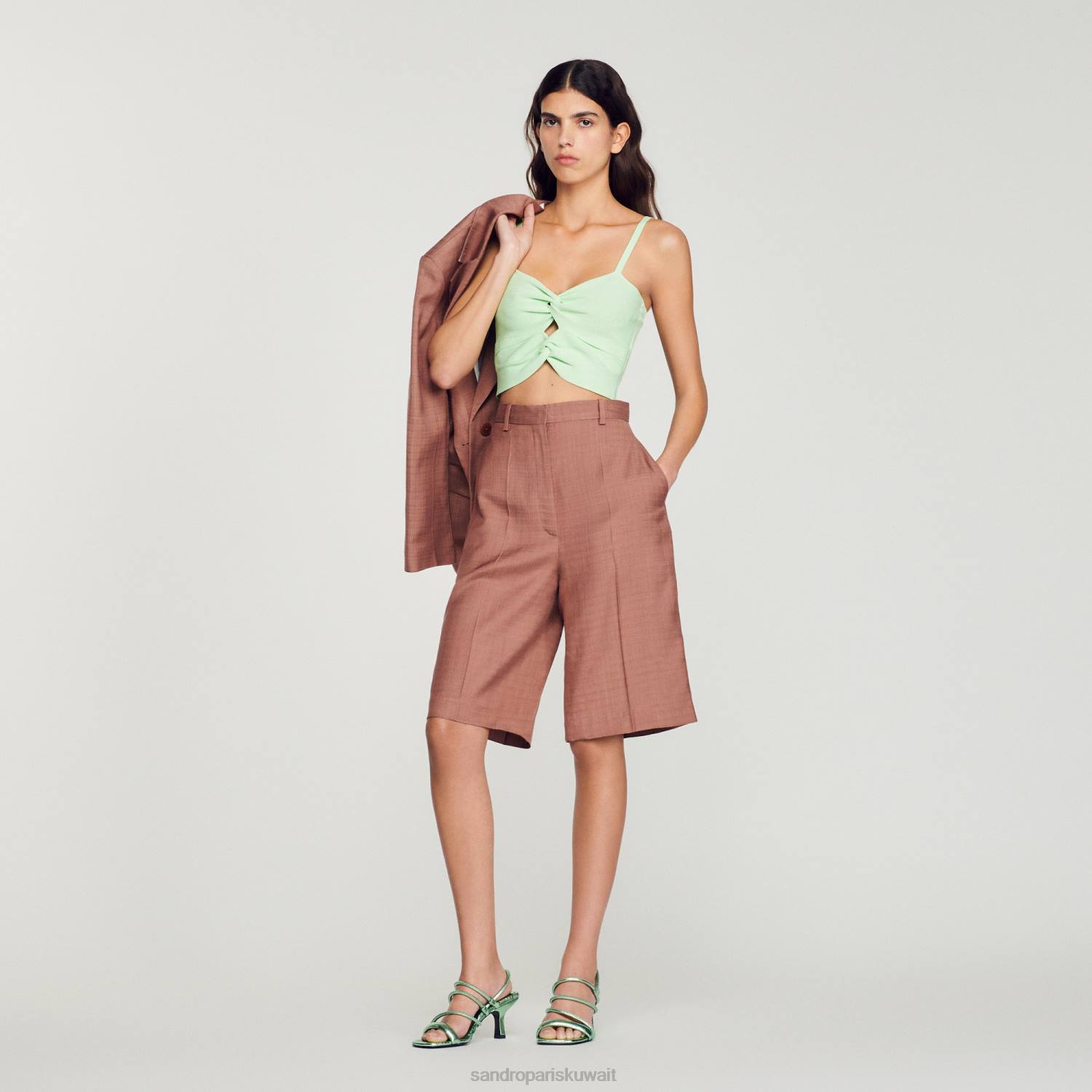 ثياب Sandro Paris أعلى المحاصيل مربوطة اخضر فاتح نحيف ZJ00413