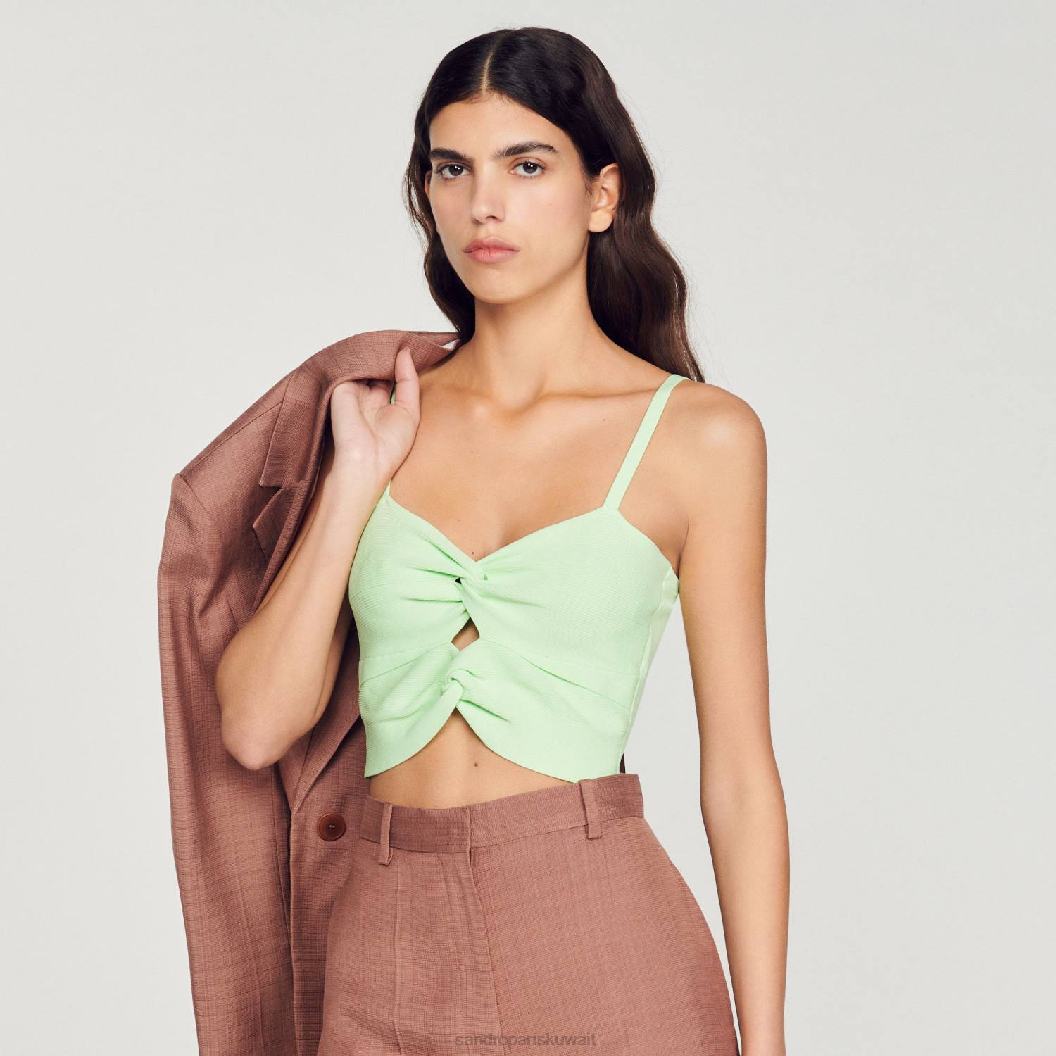 ثياب Sandro Paris أعلى المحاصيل مربوطة اخضر فاتح نحيف ZJ00413