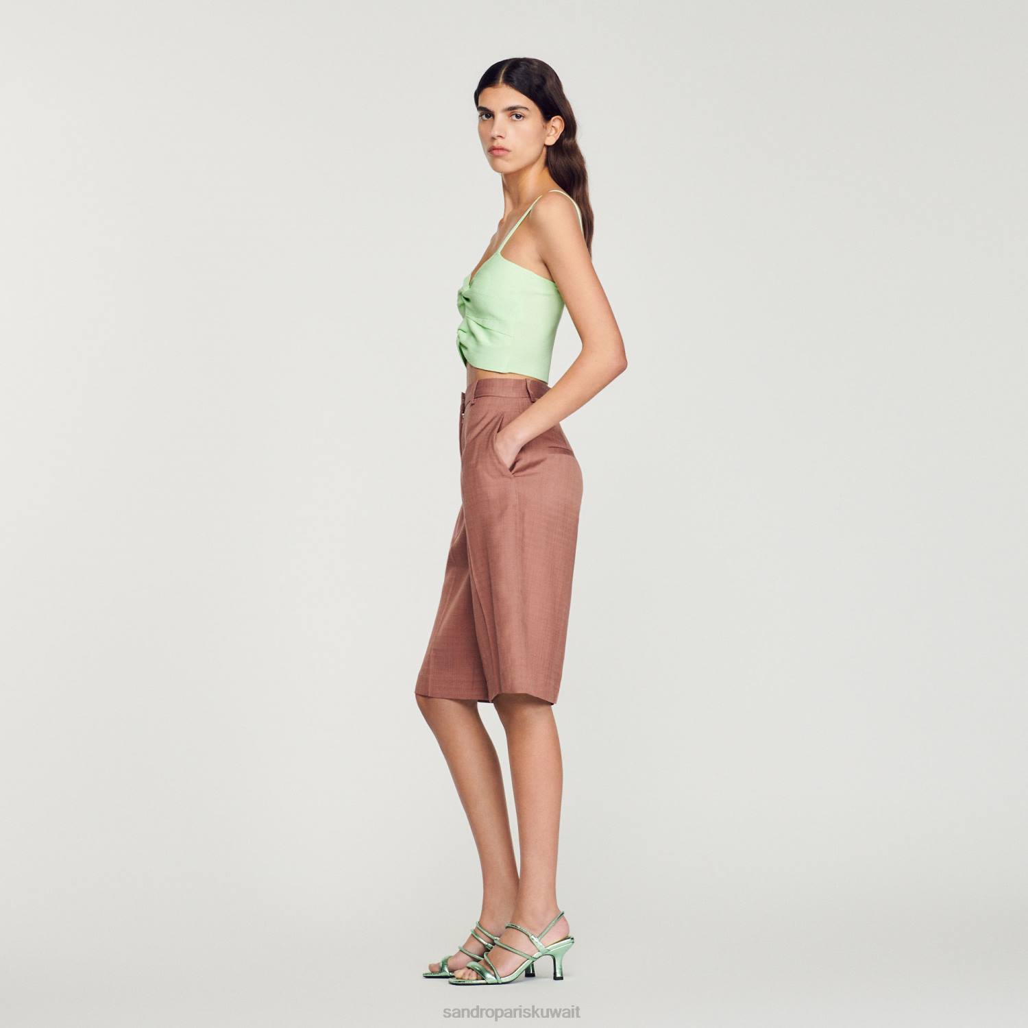 ثياب Sandro Paris أعلى المحاصيل مربوطة اخضر فاتح نحيف ZJ00413