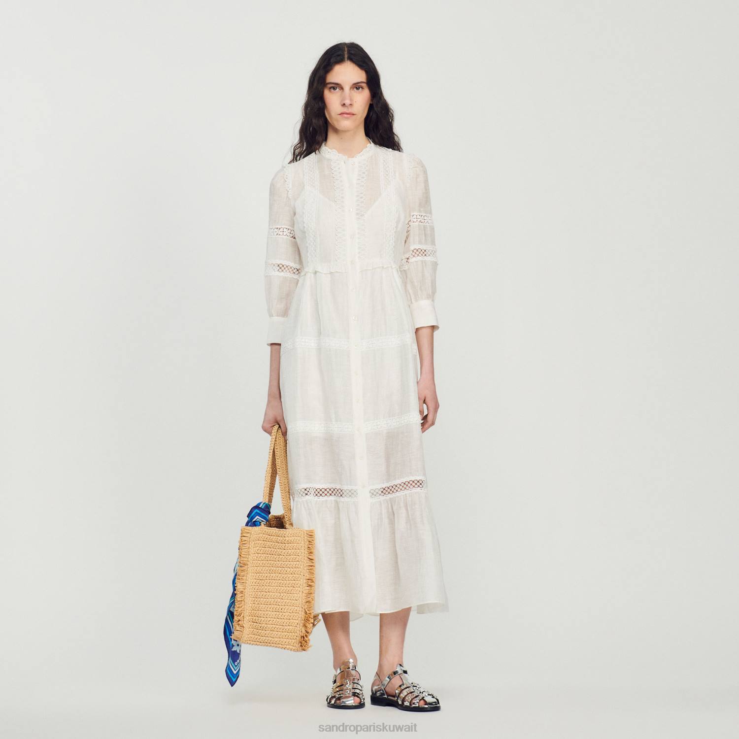 ثياب Sandro Paris فستان دانتيل طويل بيج فاتح نحيف ZJ00418
