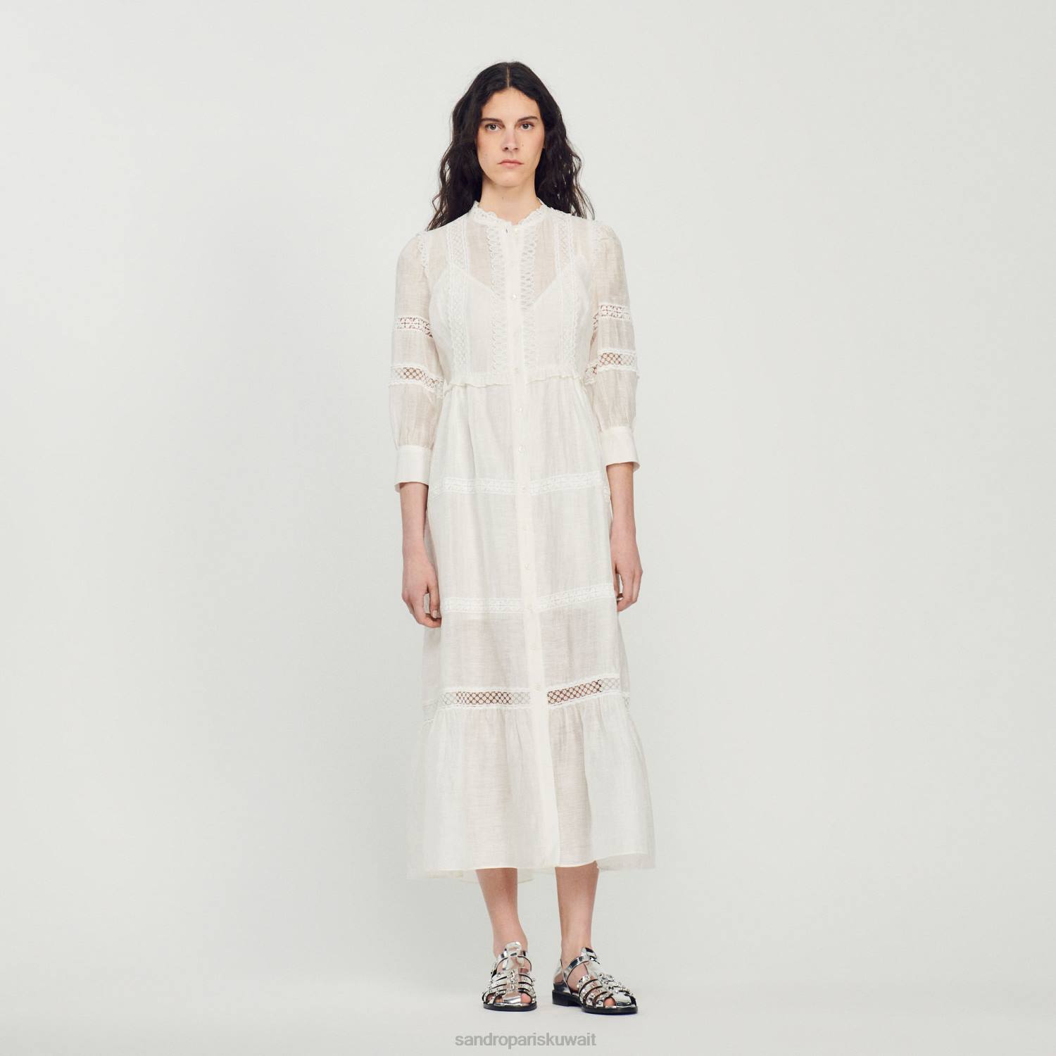 ثياب Sandro Paris فستان دانتيل طويل بيج فاتح نحيف ZJ00418