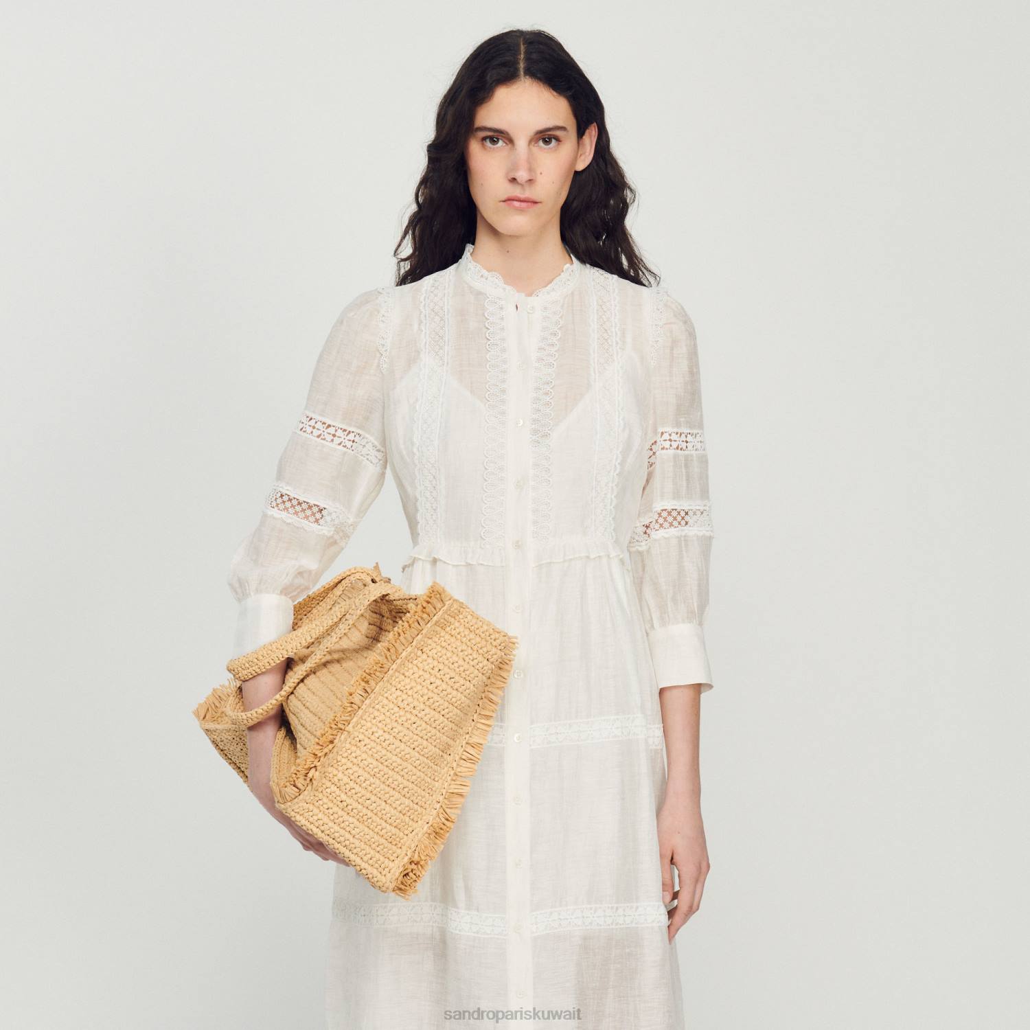 ثياب Sandro Paris فستان دانتيل طويل بيج فاتح نحيف ZJ00418