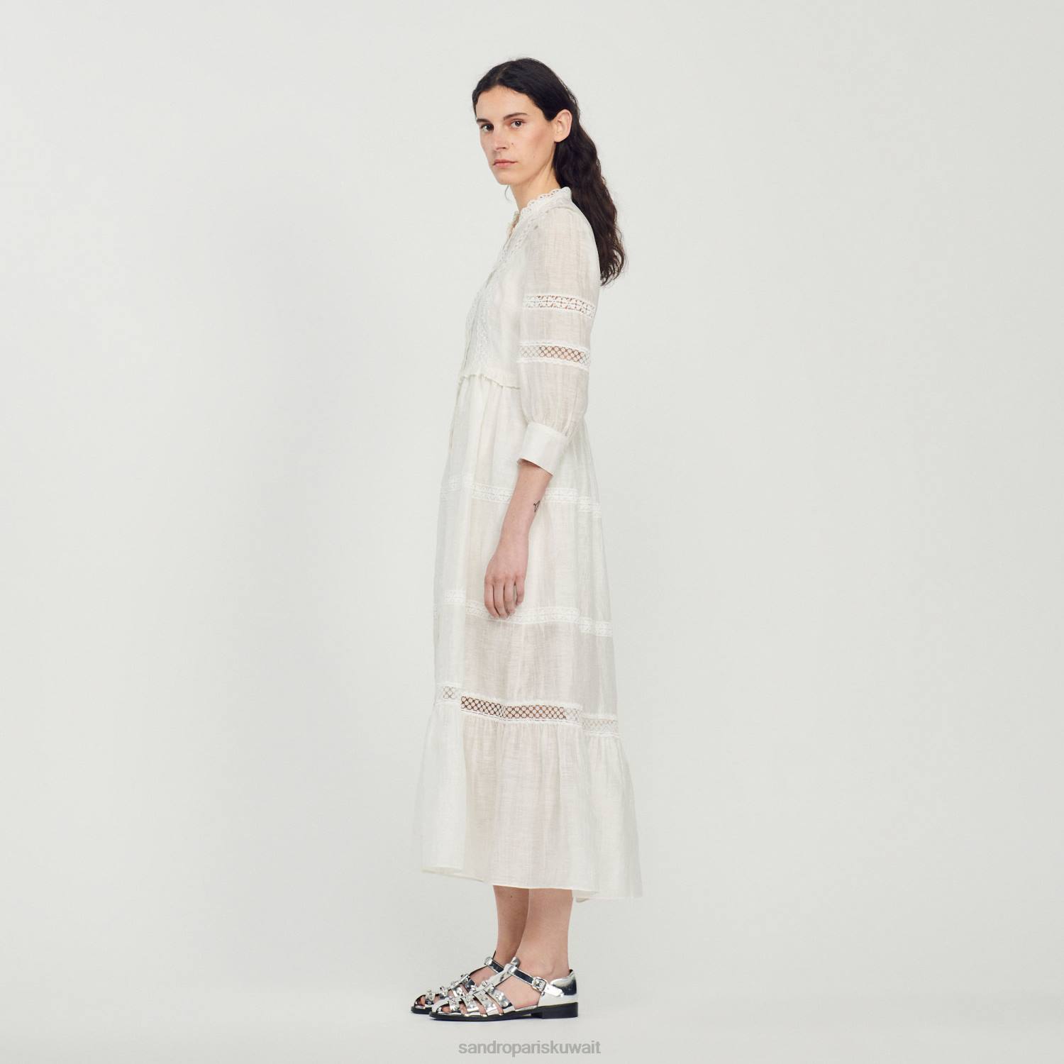 ثياب Sandro Paris فستان دانتيل طويل بيج فاتح نحيف ZJ00418