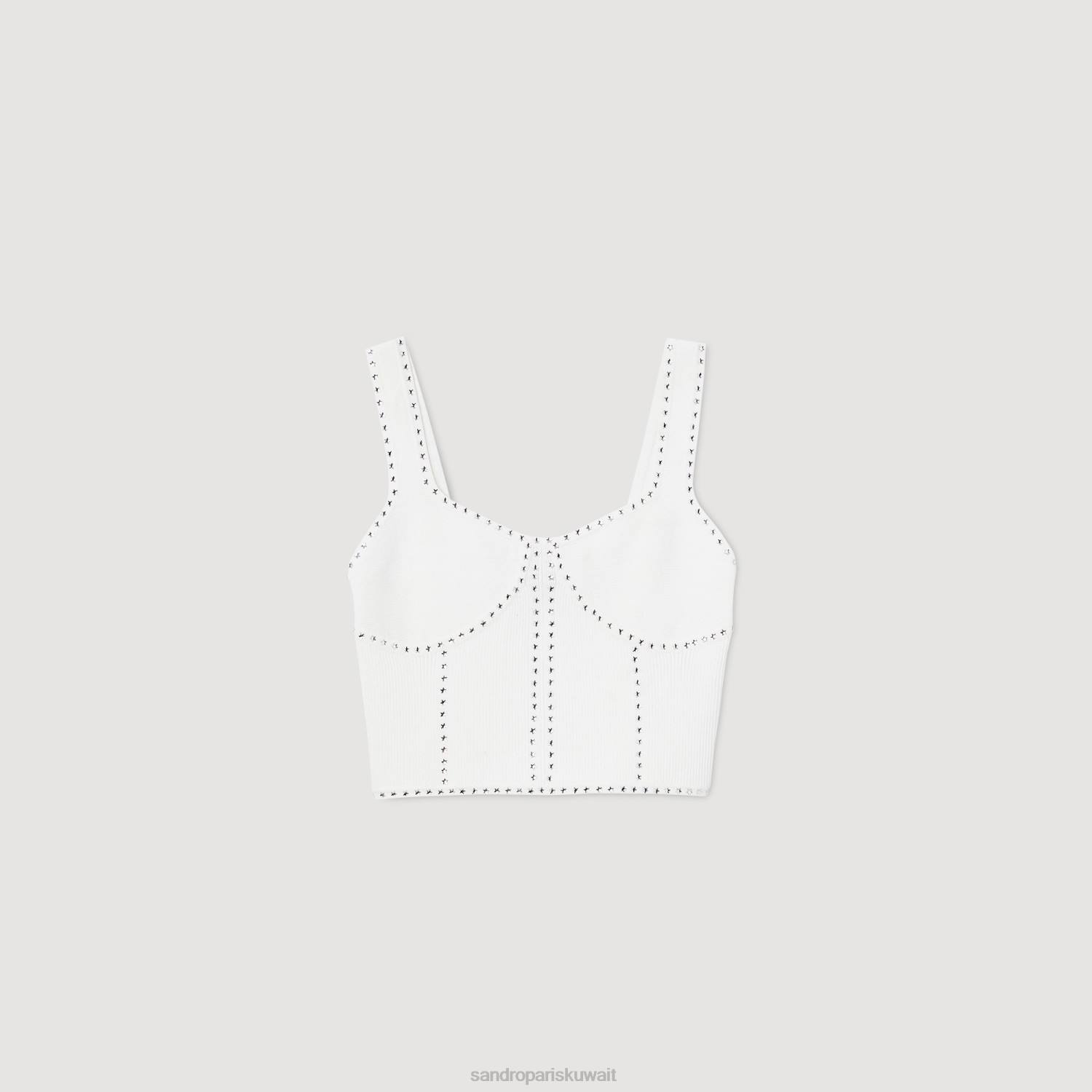 ثياب Sandro Paris جزء علوي متماسك بأحجار الراين أبيض نحيف ZJ0042