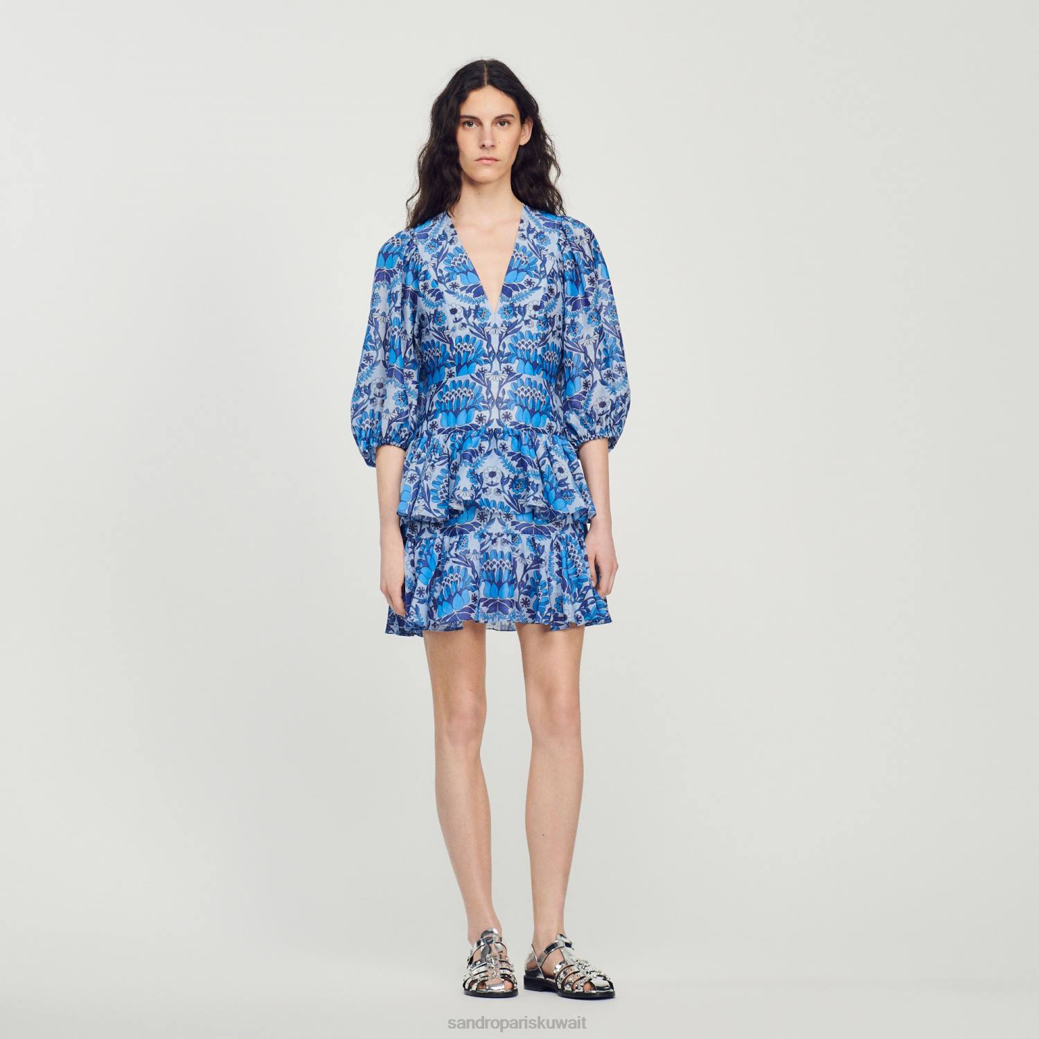 ثياب Sandro Paris فستان قصير بطباعة وشاح أزرق نحيف ZJ00422
