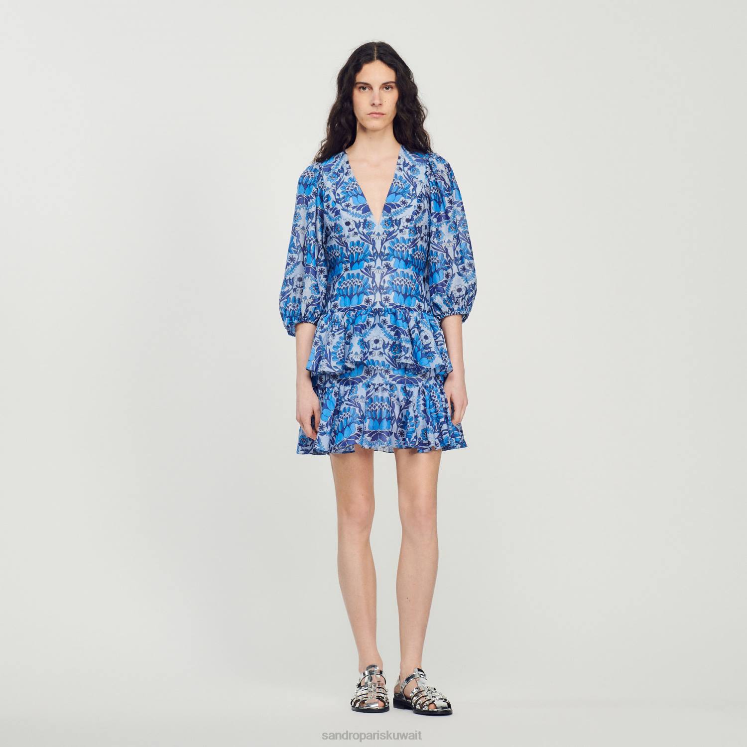 ثياب Sandro Paris فستان قصير بطباعة وشاح أزرق نحيف ZJ00422