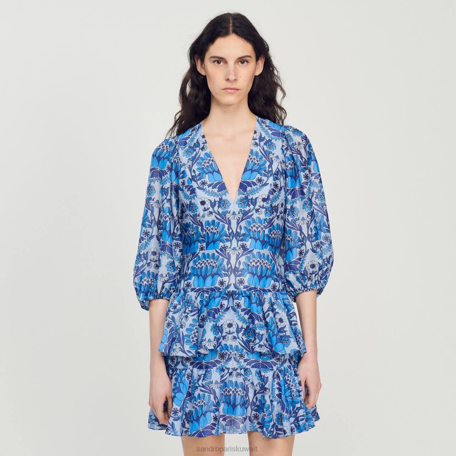ثياب Sandro Paris فستان قصير بطباعة وشاح أزرق نحيف ZJ00422