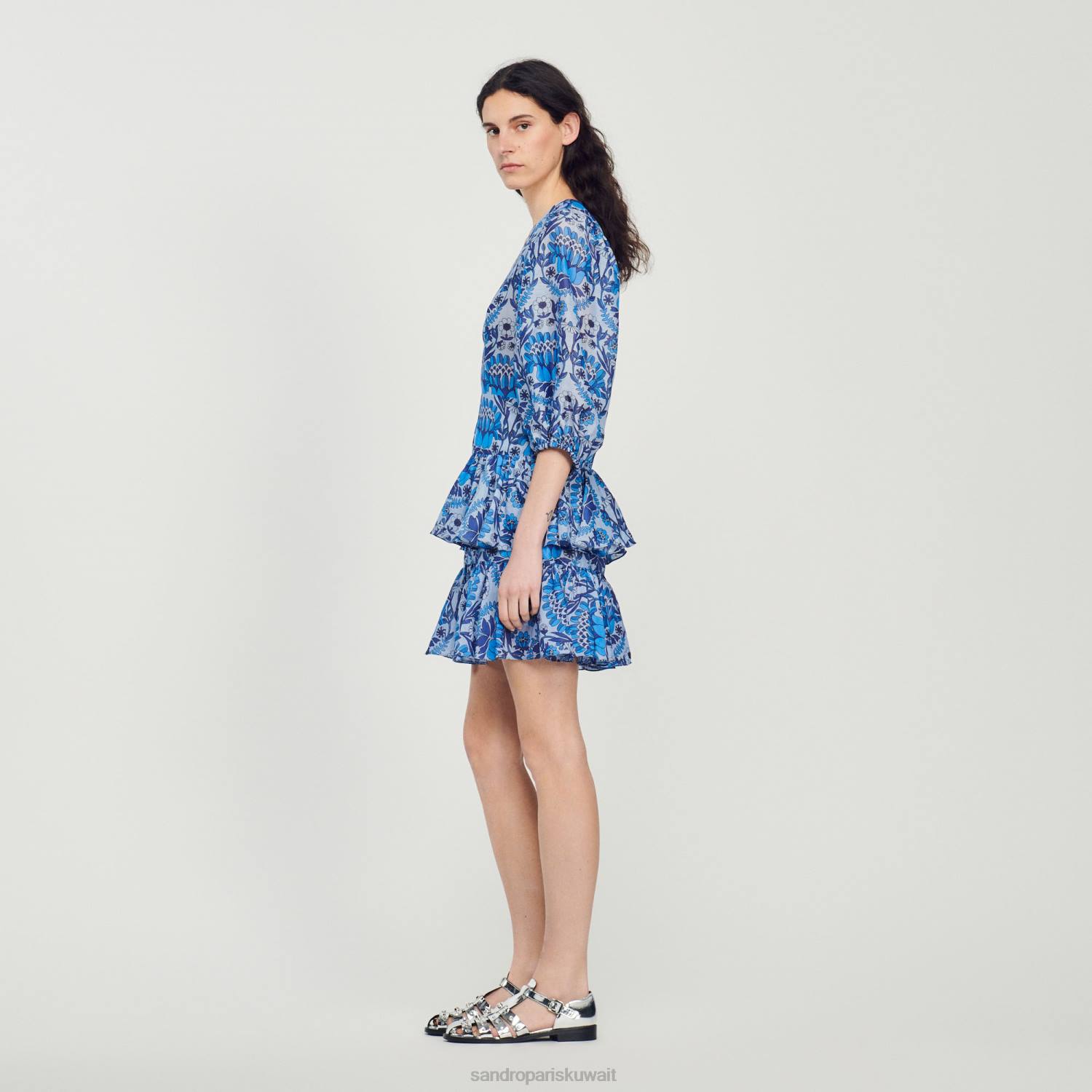 ثياب Sandro Paris فستان قصير بطباعة وشاح أزرق نحيف ZJ00422