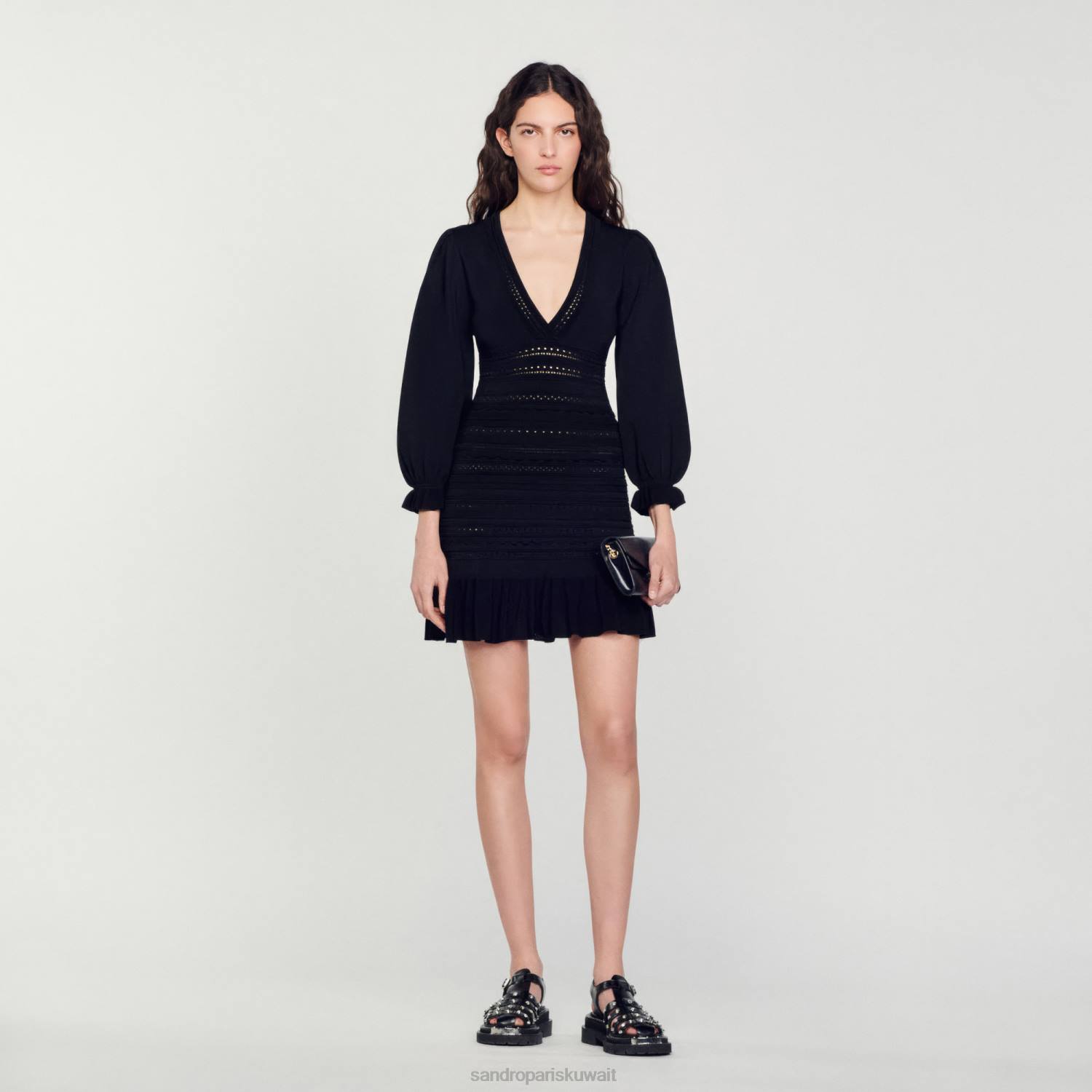 ثياب Sandro Paris فستان قصير مع الكشكشة أسود نحيف ZJ00426