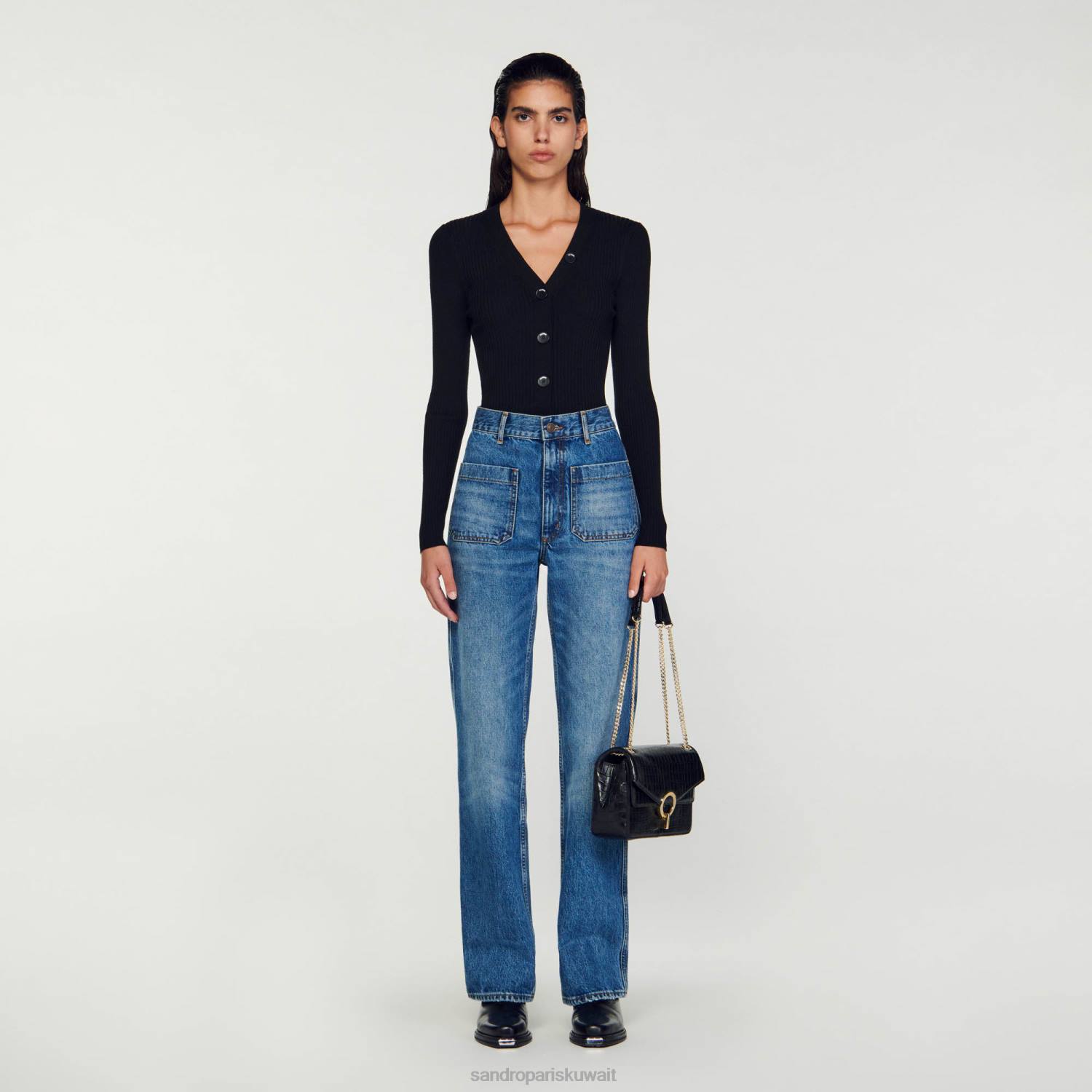 ثياب Sandro Paris سترة محاكة أسود نحيف ZJ00428