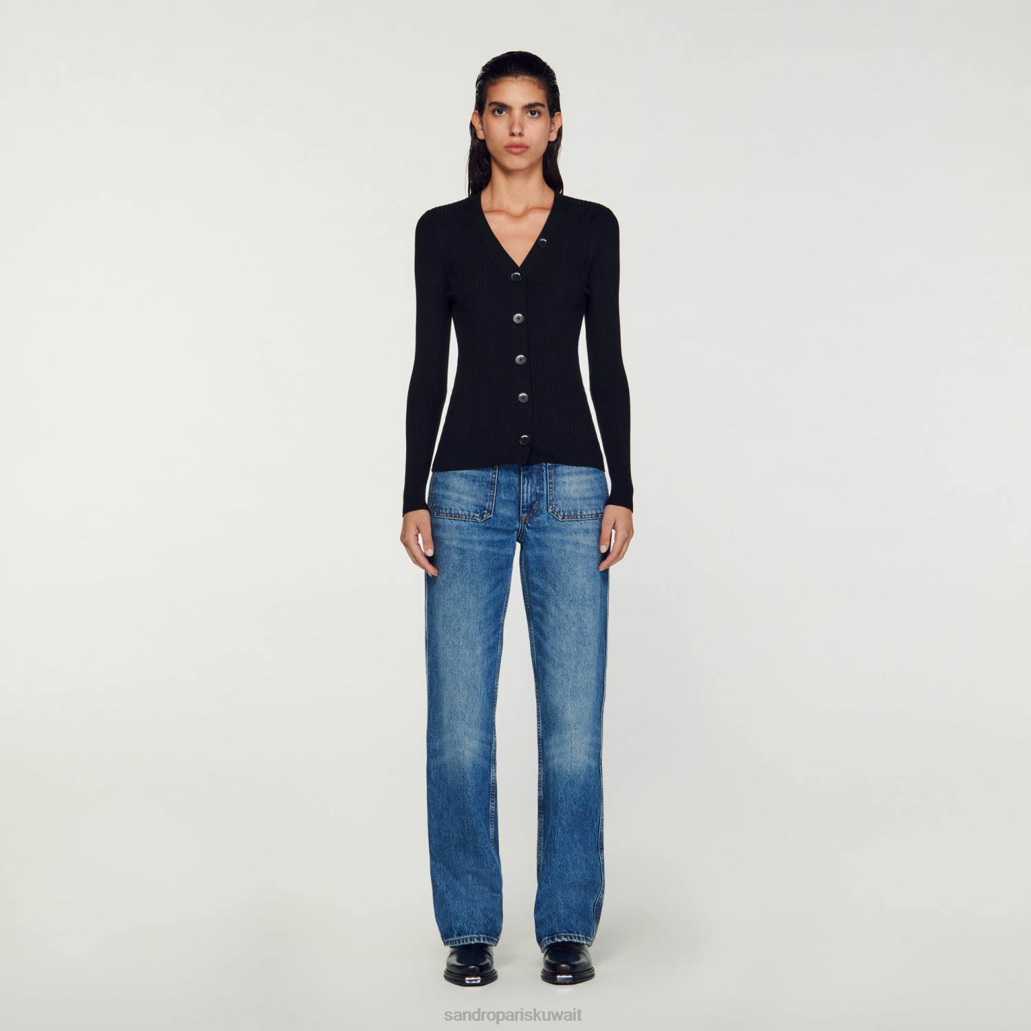 ثياب Sandro Paris سترة محاكة أسود نحيف ZJ00428