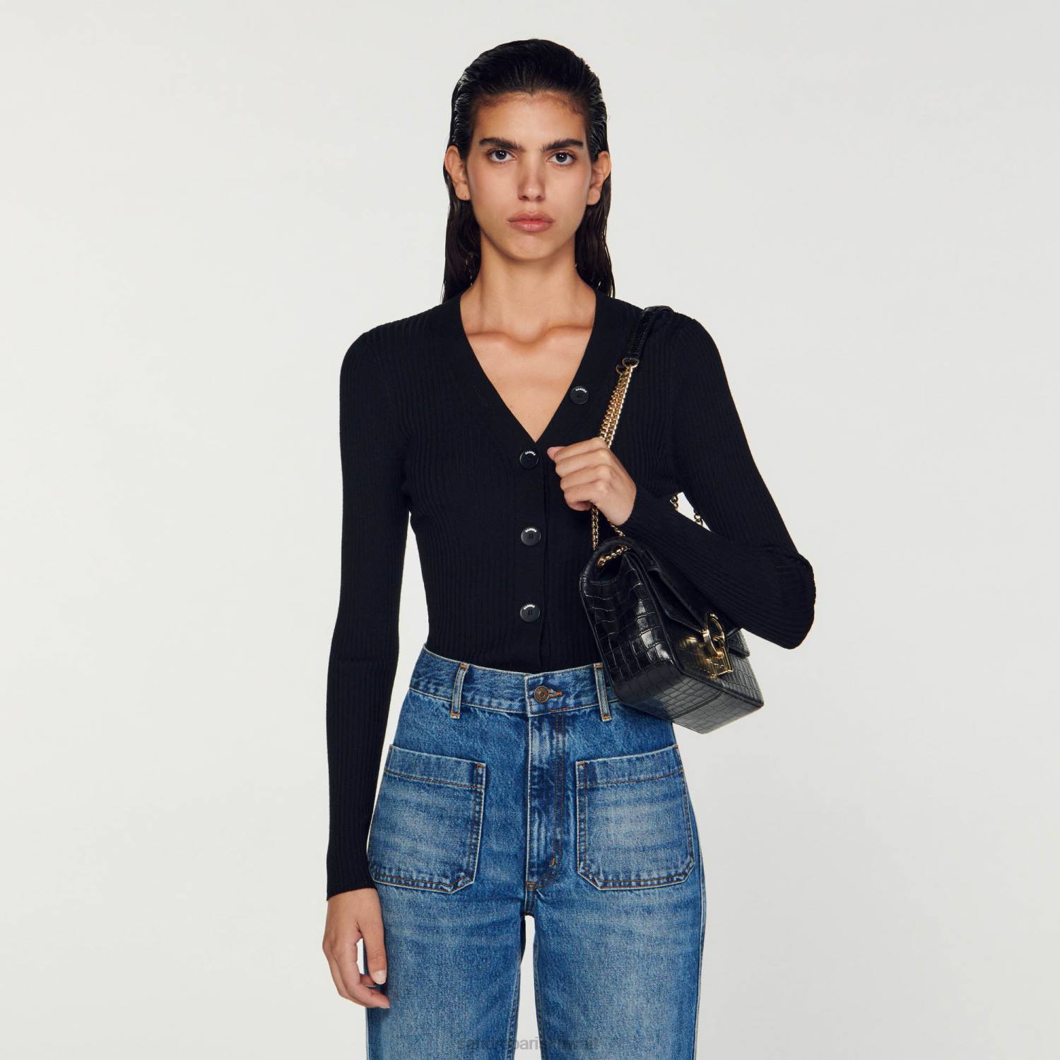 ثياب Sandro Paris سترة محاكة أسود نحيف ZJ00428