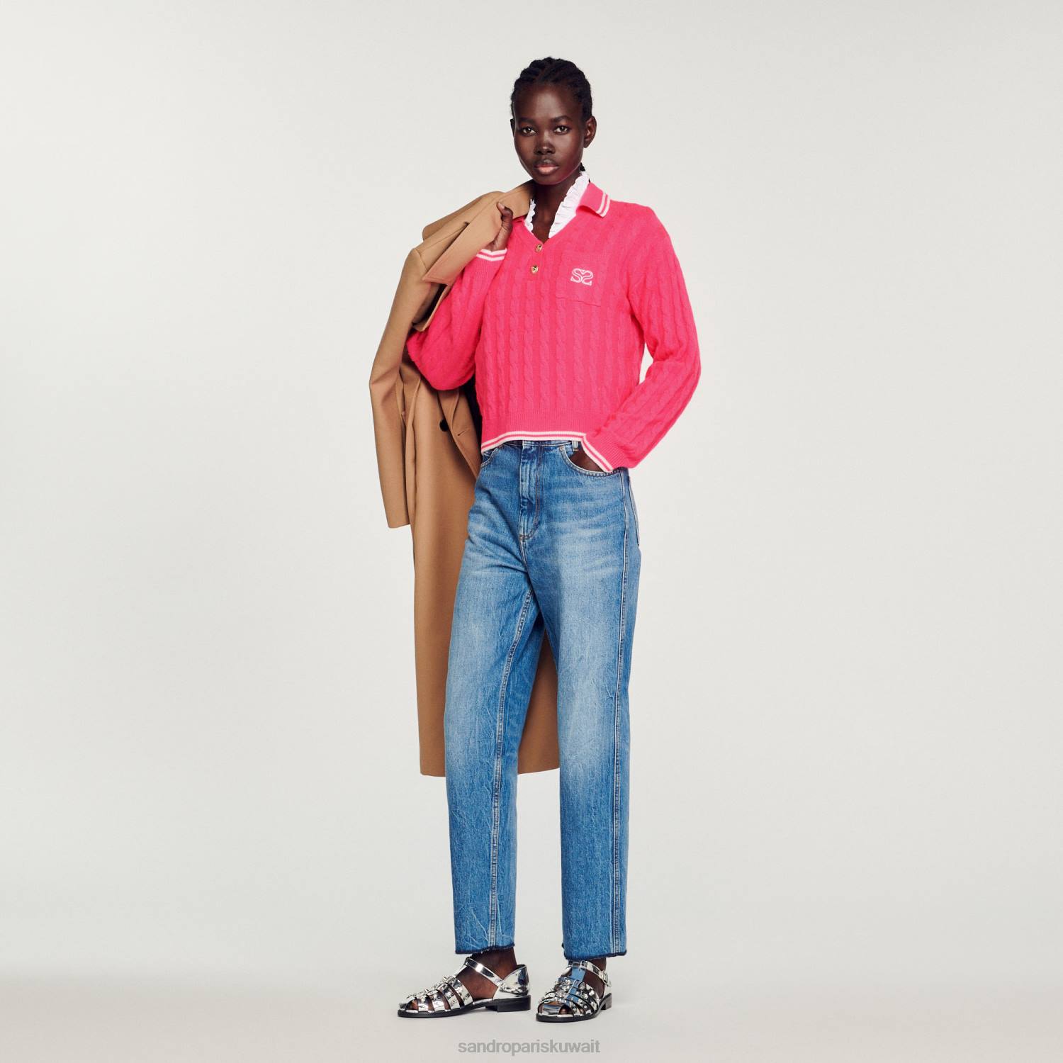 ثياب Sandro Paris سترة متماسكة الكابل فوشيا نحيف ZJ00435