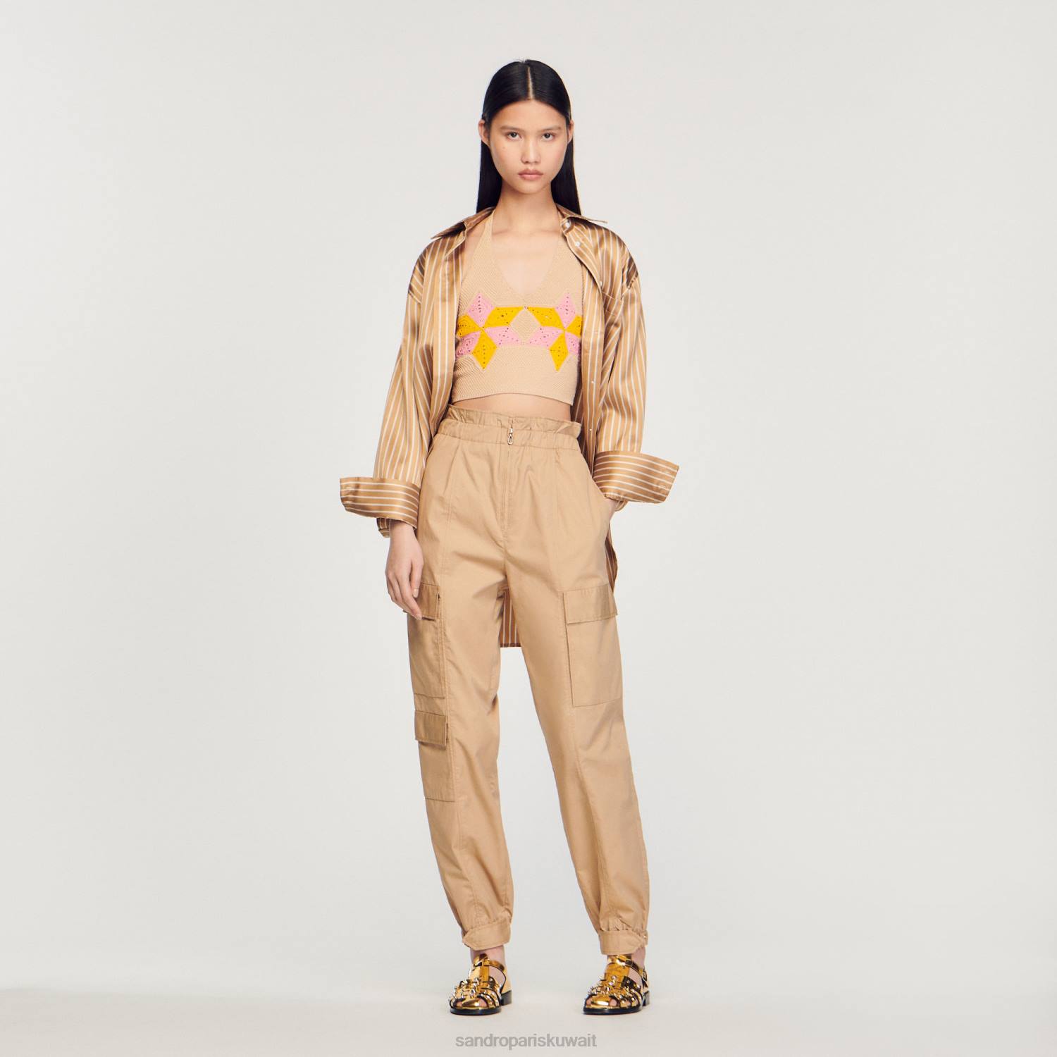 ثياب Sandro Paris أعلى الكروشيه اقتصاص متعدد الألوان نحيف ZJ00441