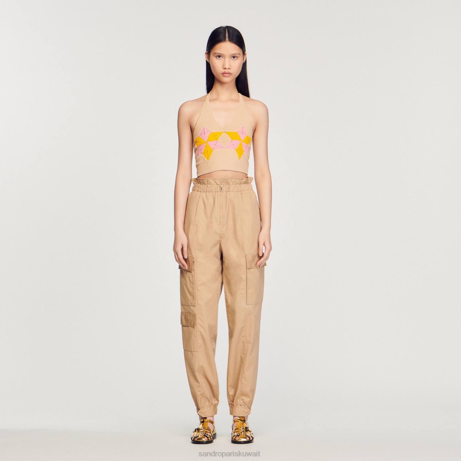 ثياب Sandro Paris أعلى الكروشيه اقتصاص متعدد الألوان نحيف ZJ00441