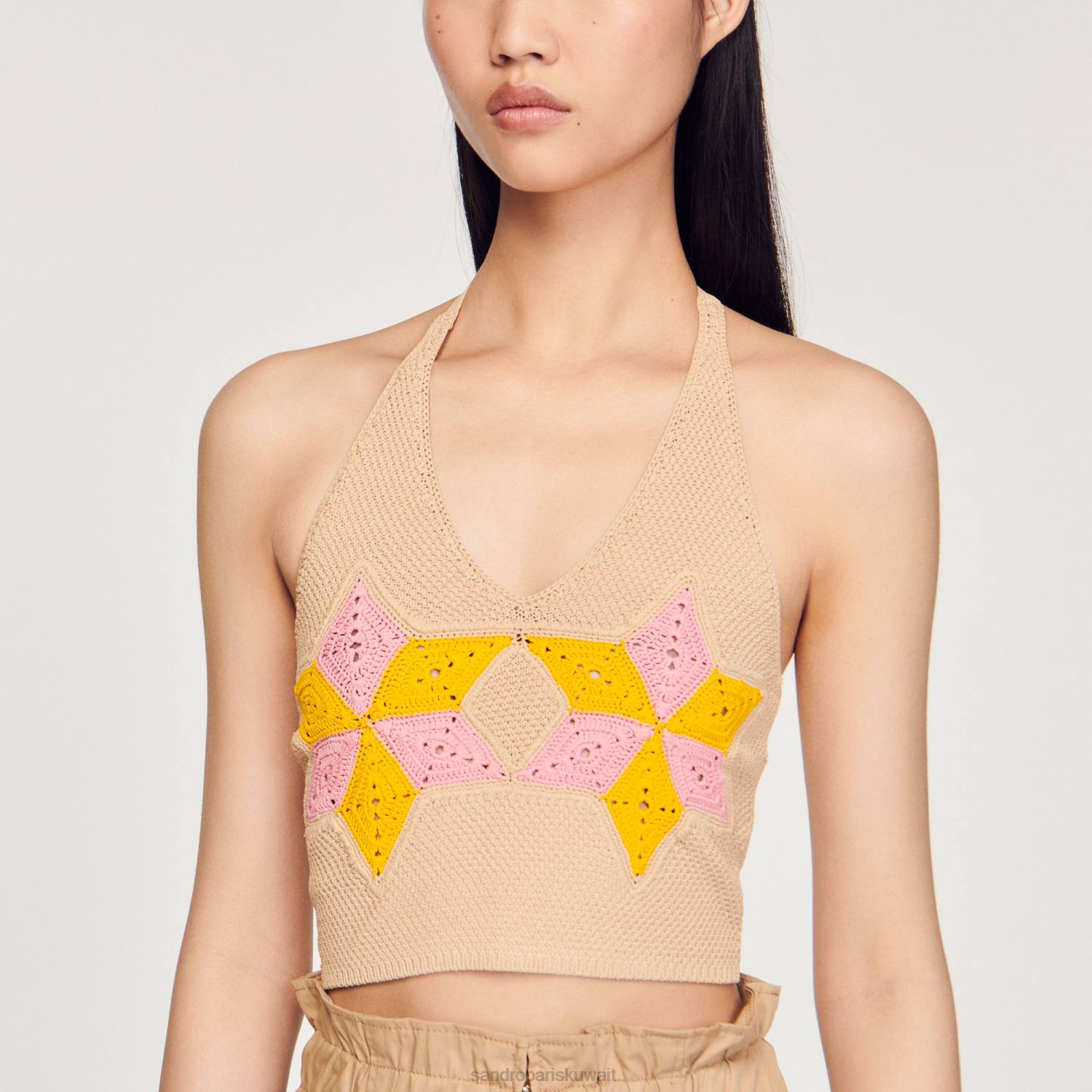 ثياب Sandro Paris أعلى الكروشيه اقتصاص متعدد الألوان نحيف ZJ00441