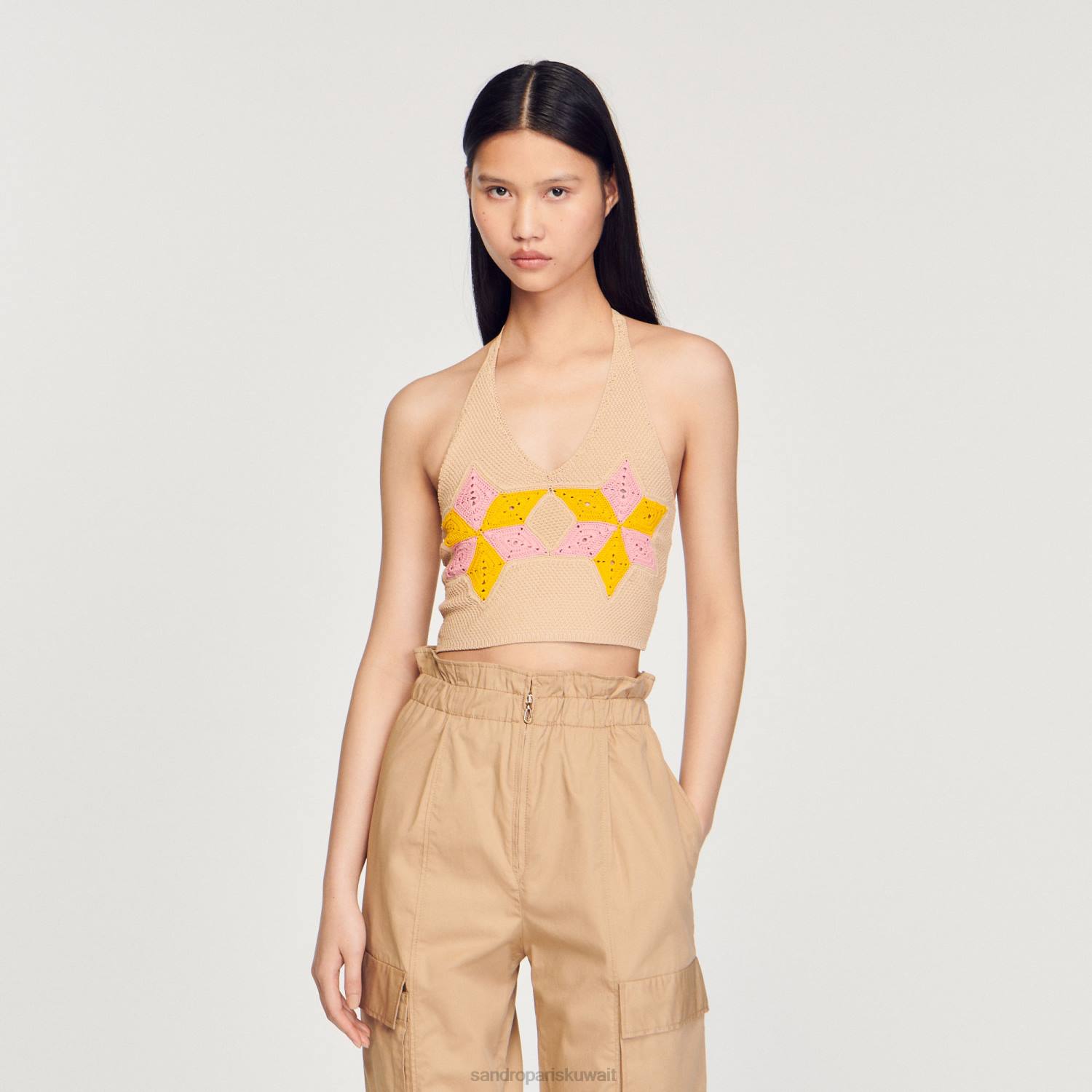 ثياب Sandro Paris أعلى الكروشيه اقتصاص متعدد الألوان نحيف ZJ00441