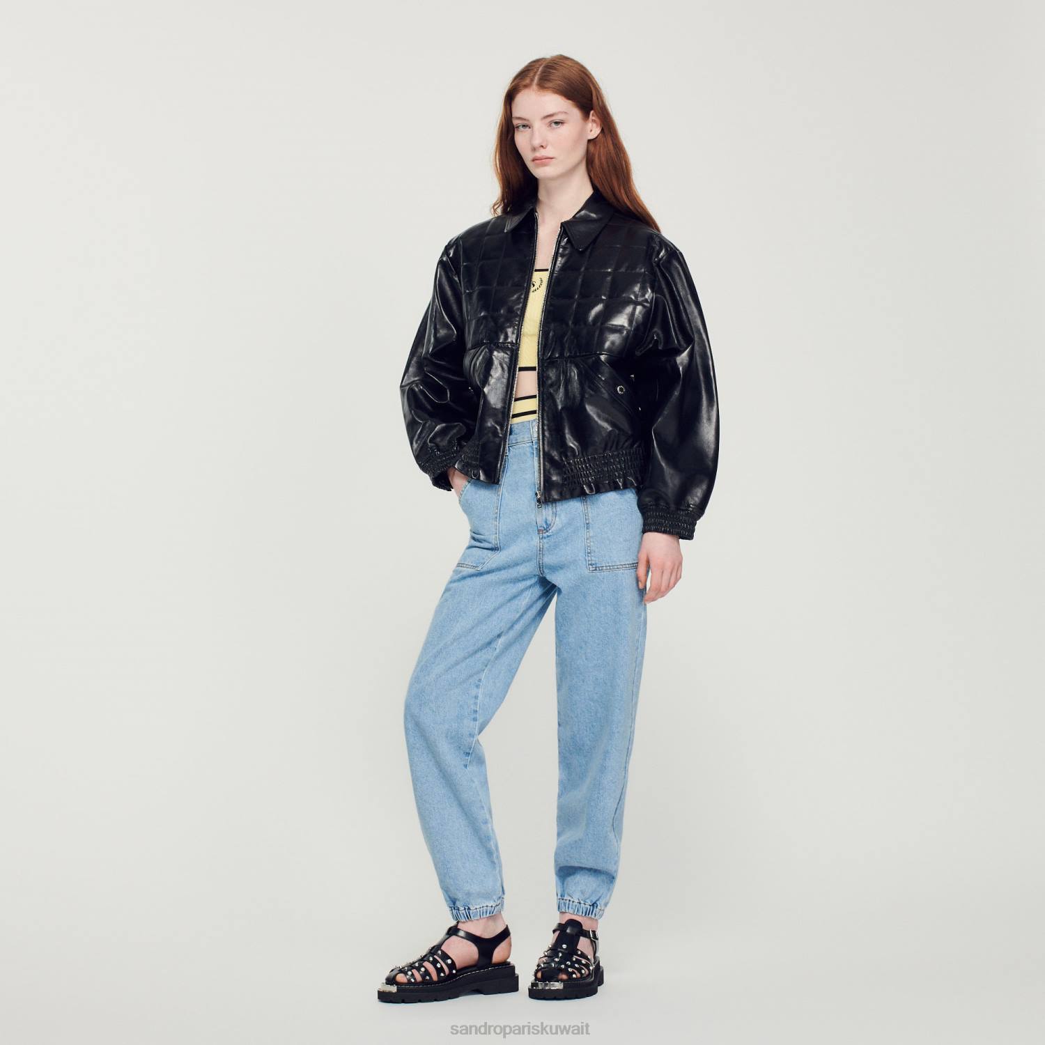 ثياب Sandro Paris سترة جلدية ناعمة أسود نحيف ZJ00442