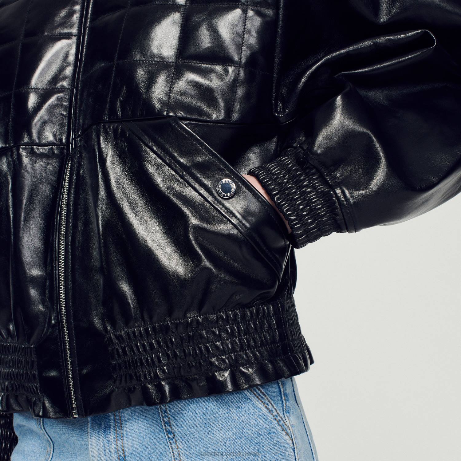 ثياب Sandro Paris سترة جلدية ناعمة أسود نحيف ZJ00442