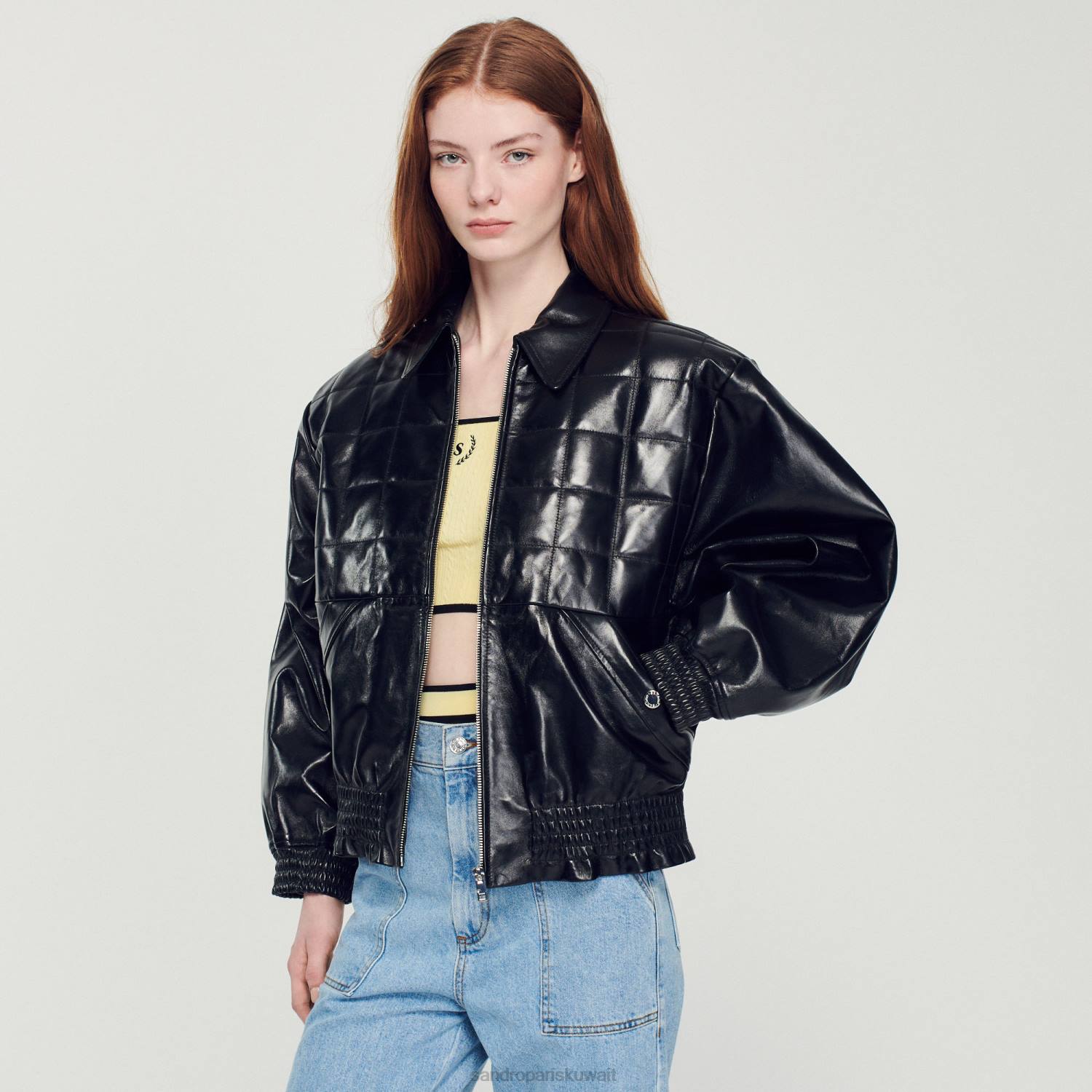 ثياب Sandro Paris سترة جلدية ناعمة أسود نحيف ZJ00442