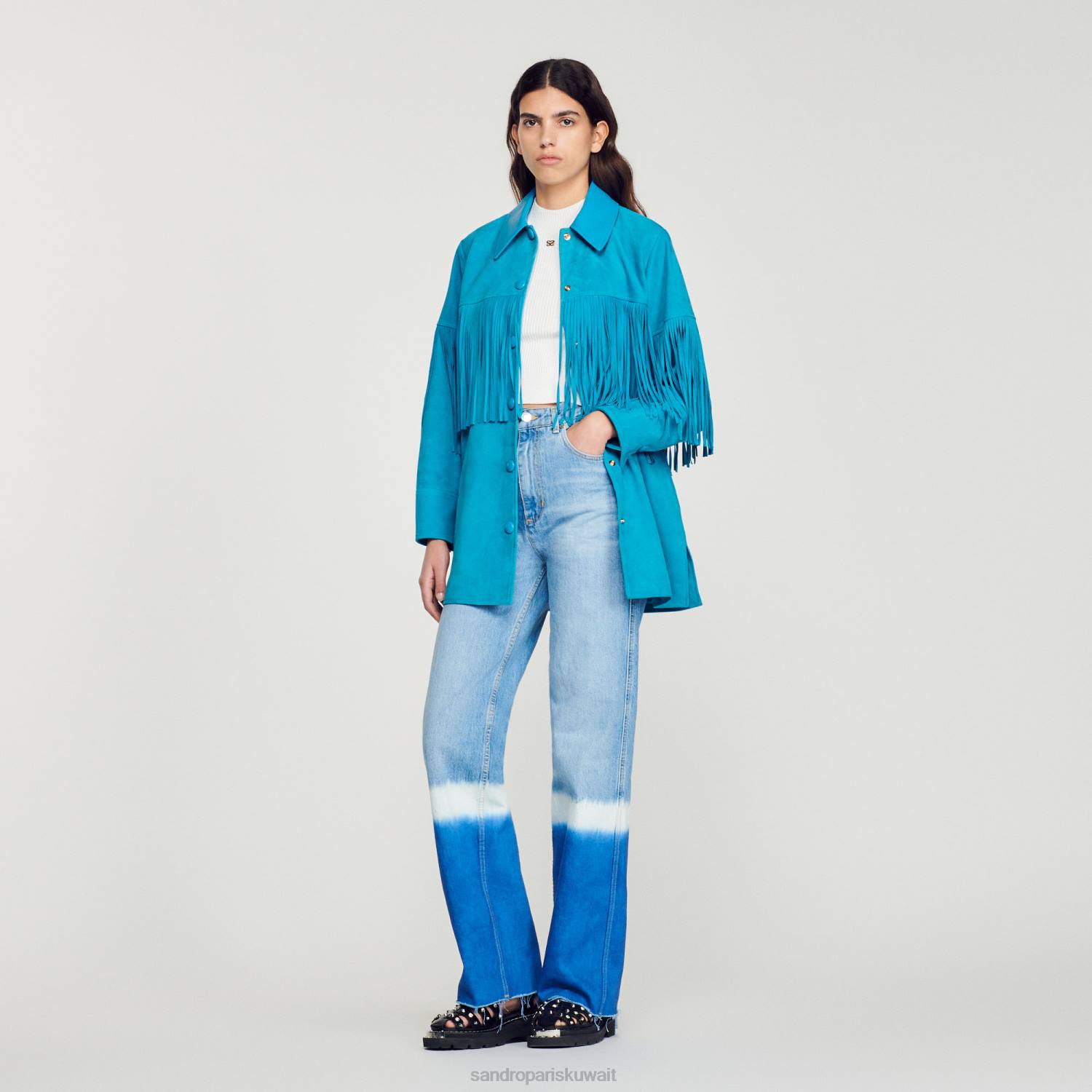 ثياب Sandro Paris سترة جلدية طويلة مهدب الفيروز نحيف ZJ00444
