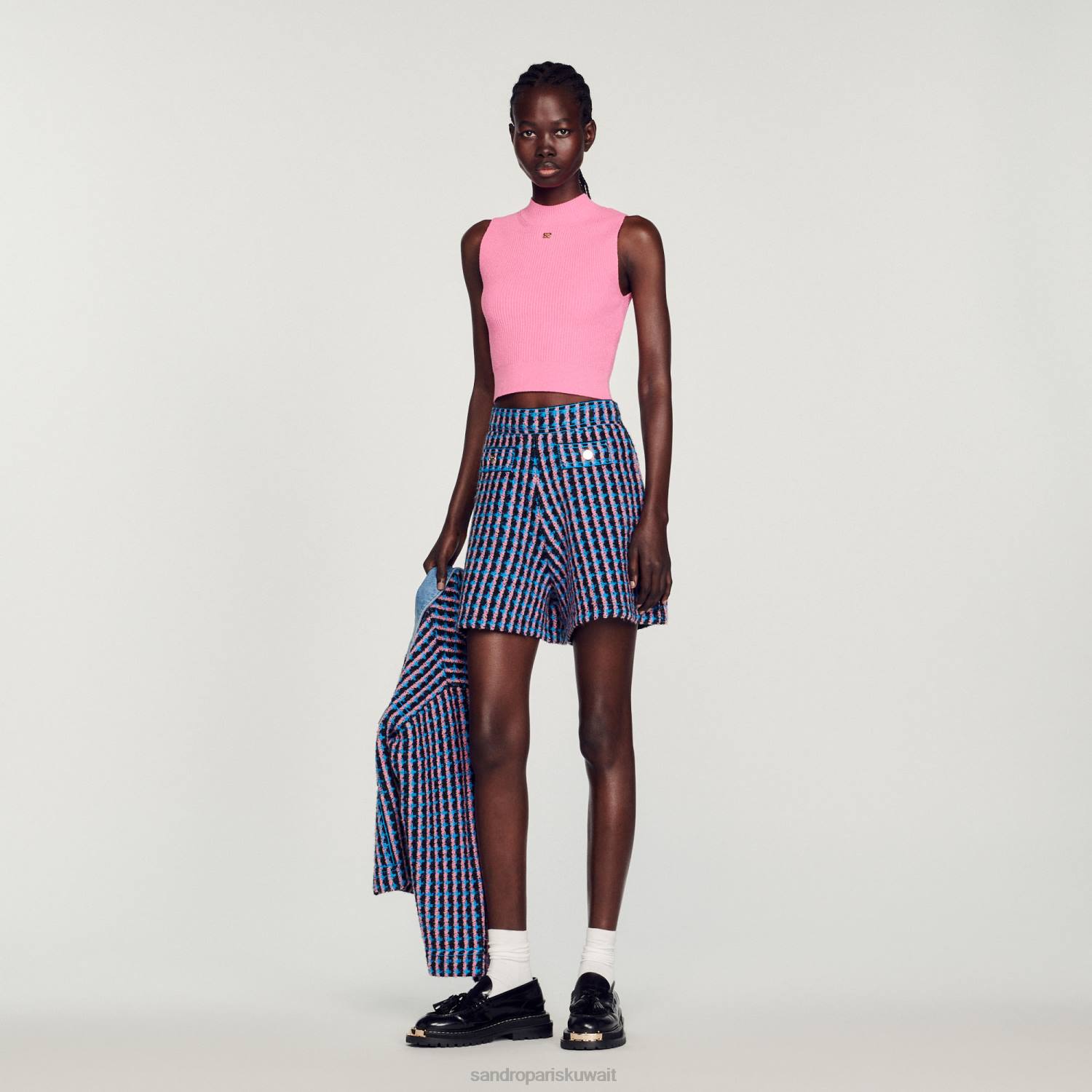 ثياب Sandro Paris شورت تويد بلانك/أزرق نحيف ZJ00447