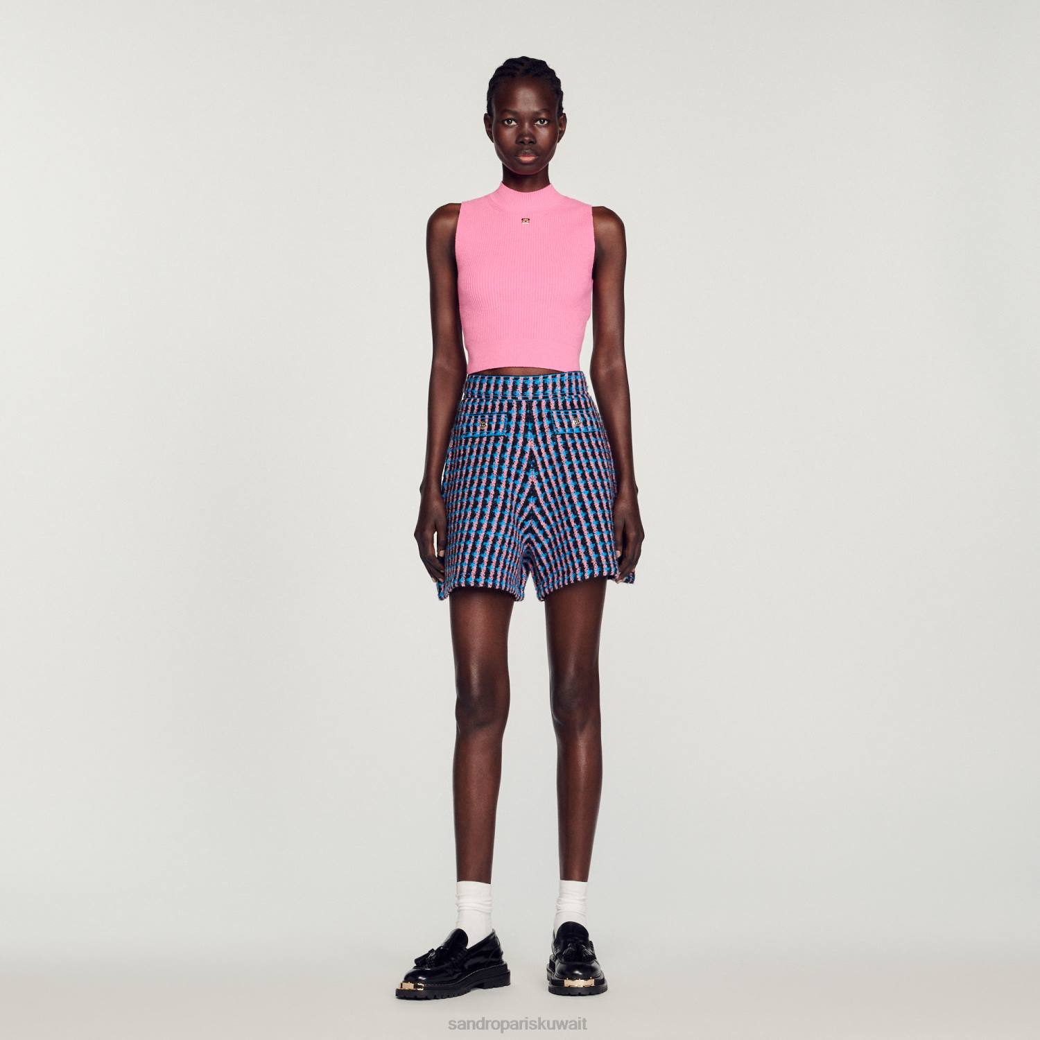 ثياب Sandro Paris شورت تويد بلانك/أزرق نحيف ZJ00447