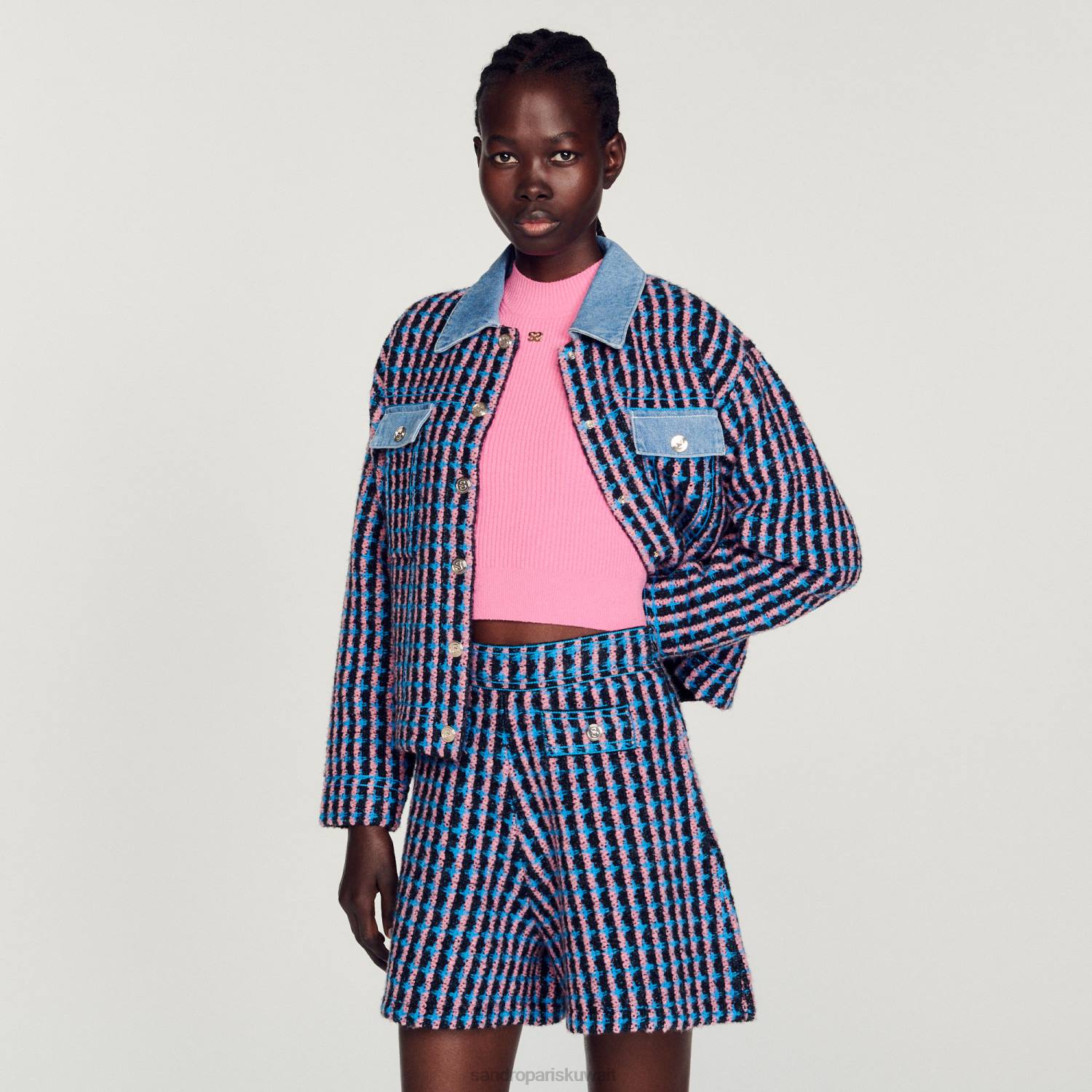 ثياب Sandro Paris شورت تويد بلانك/أزرق نحيف ZJ00447