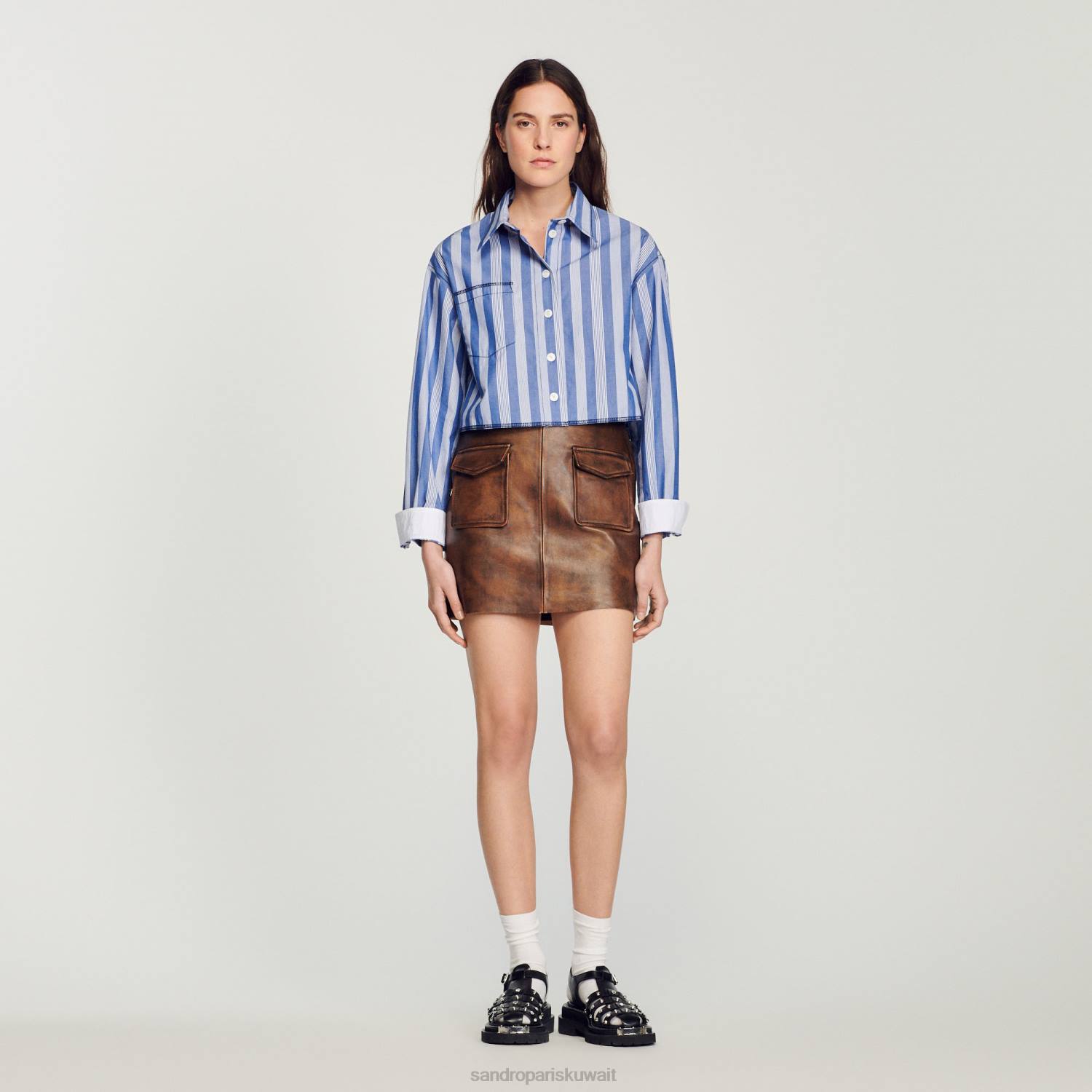 ثياب Sandro Paris تنورة جلدية قصيرة متعثرة بني أسود نحيف ZJ00453