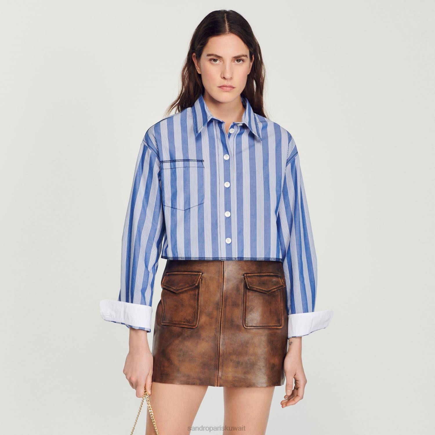 ثياب Sandro Paris تنورة جلدية قصيرة متعثرة بني أسود نحيف ZJ00453