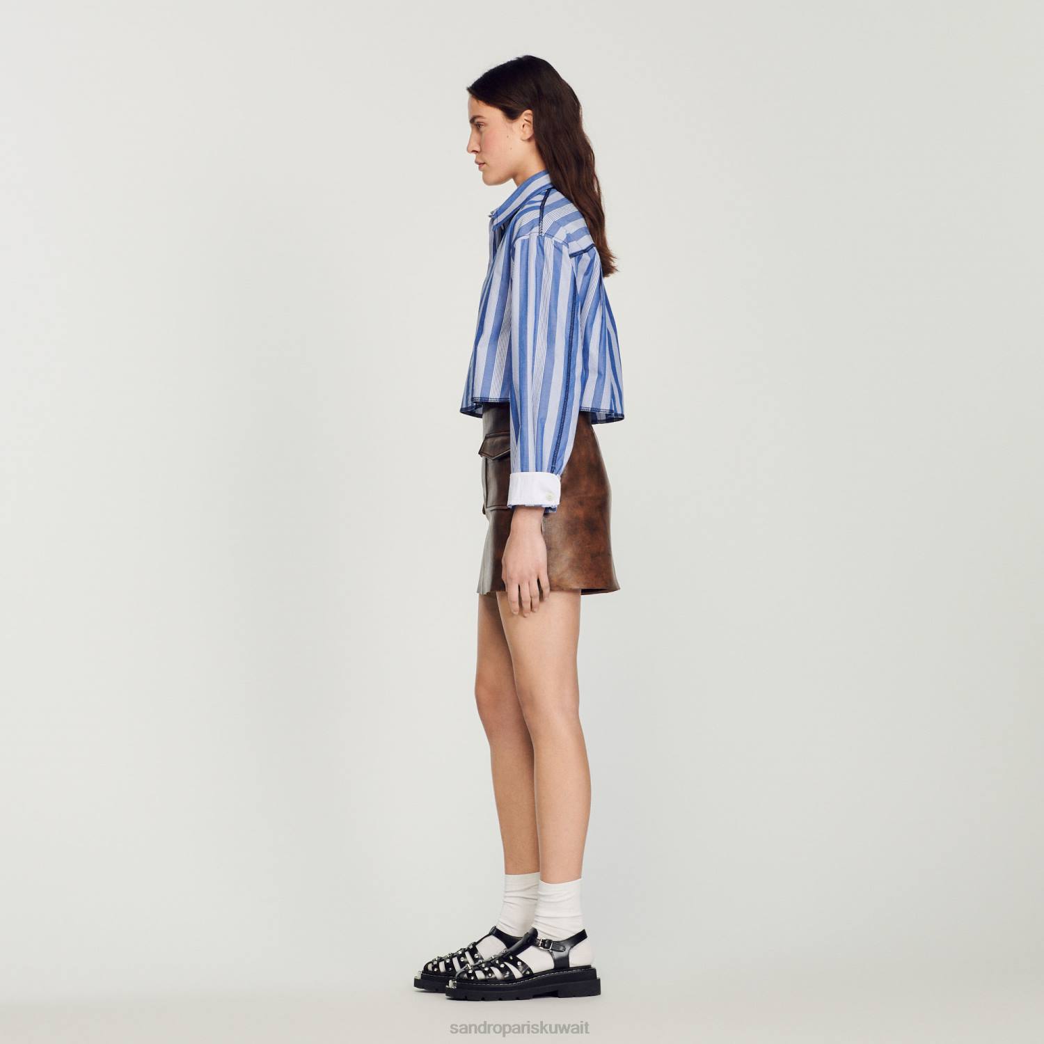 ثياب Sandro Paris تنورة جلدية قصيرة متعثرة بني أسود نحيف ZJ00453