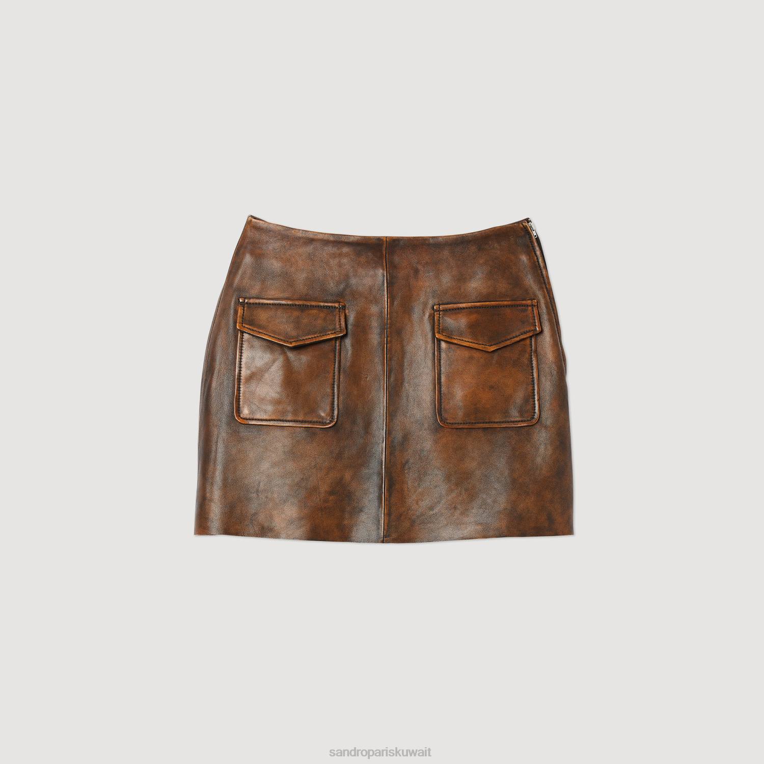 ثياب Sandro Paris تنورة جلدية قصيرة متعثرة بني أسود نحيف ZJ00453