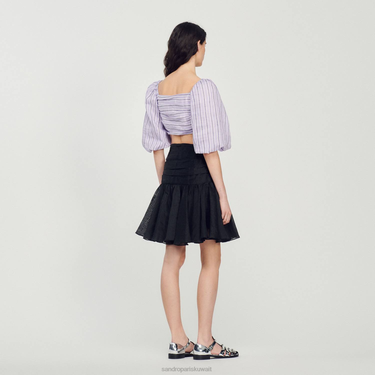 ثياب Sandro Paris أعلى المحاصيل مخطط أرجواني / أسود نحيف ZJ00458